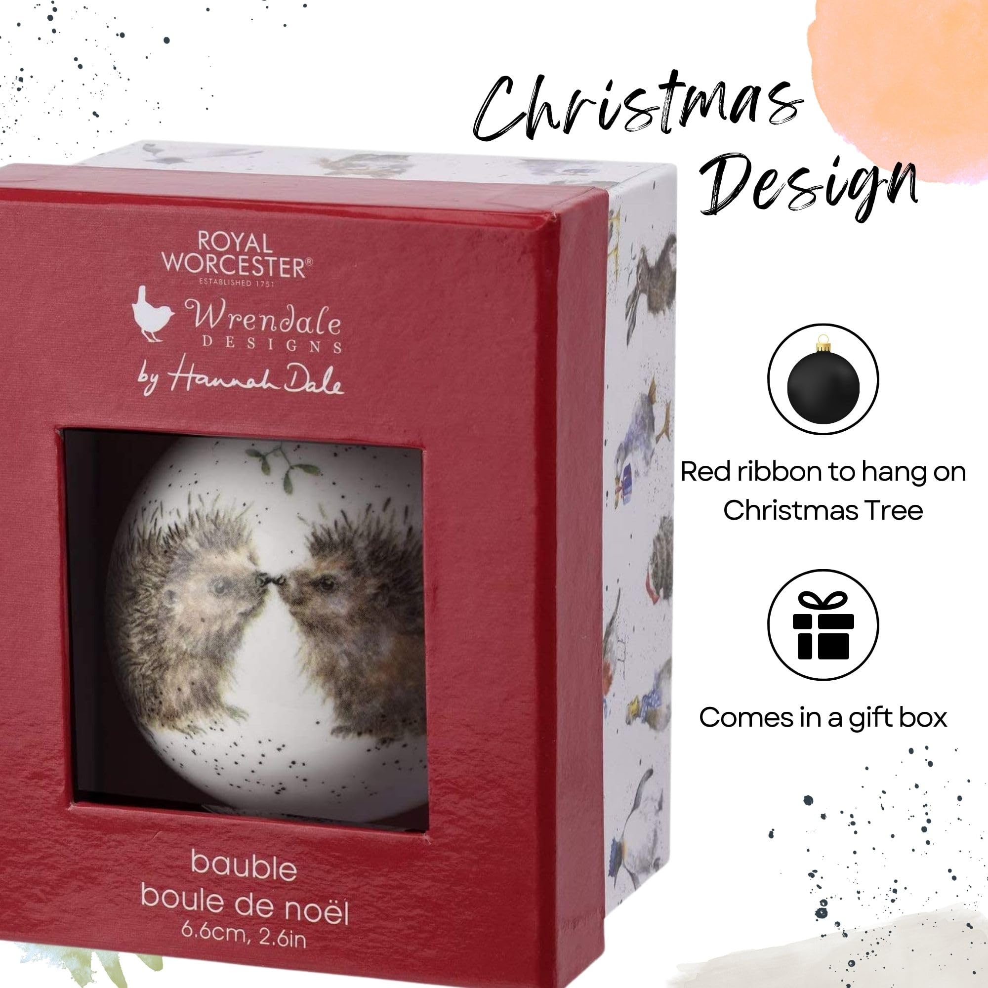 Portmeirion Royal Worcester Christmas Tree Ornament - Personalized Holiday Bauble with Hedgehog Motif, Fine Bone China Festive H