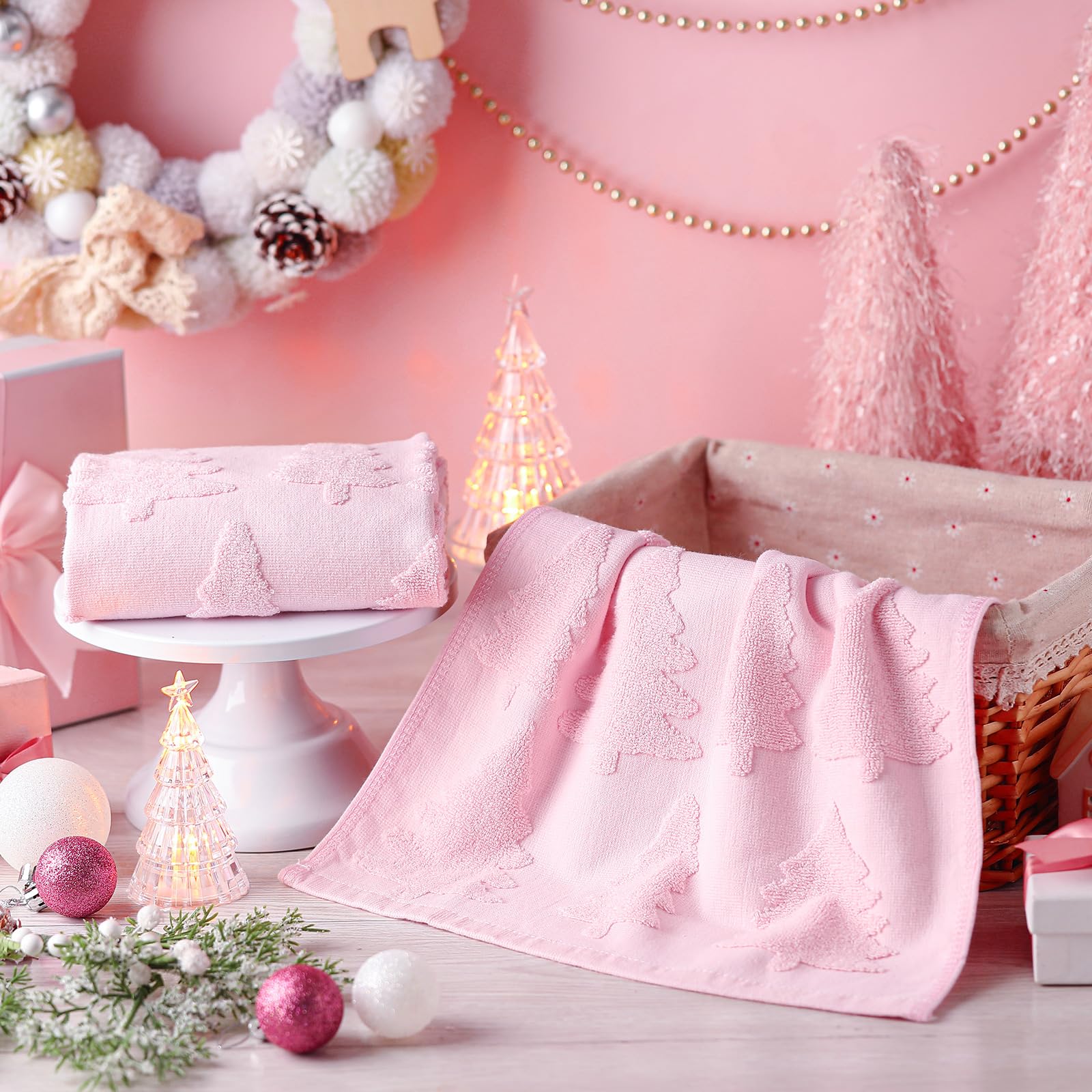 Breling 2 Pcs Christmas Hand Towels Pink Christmas Trees Bathroom Decorative Towels 100% Cotton Absorbent Jacquard Weave Bath De