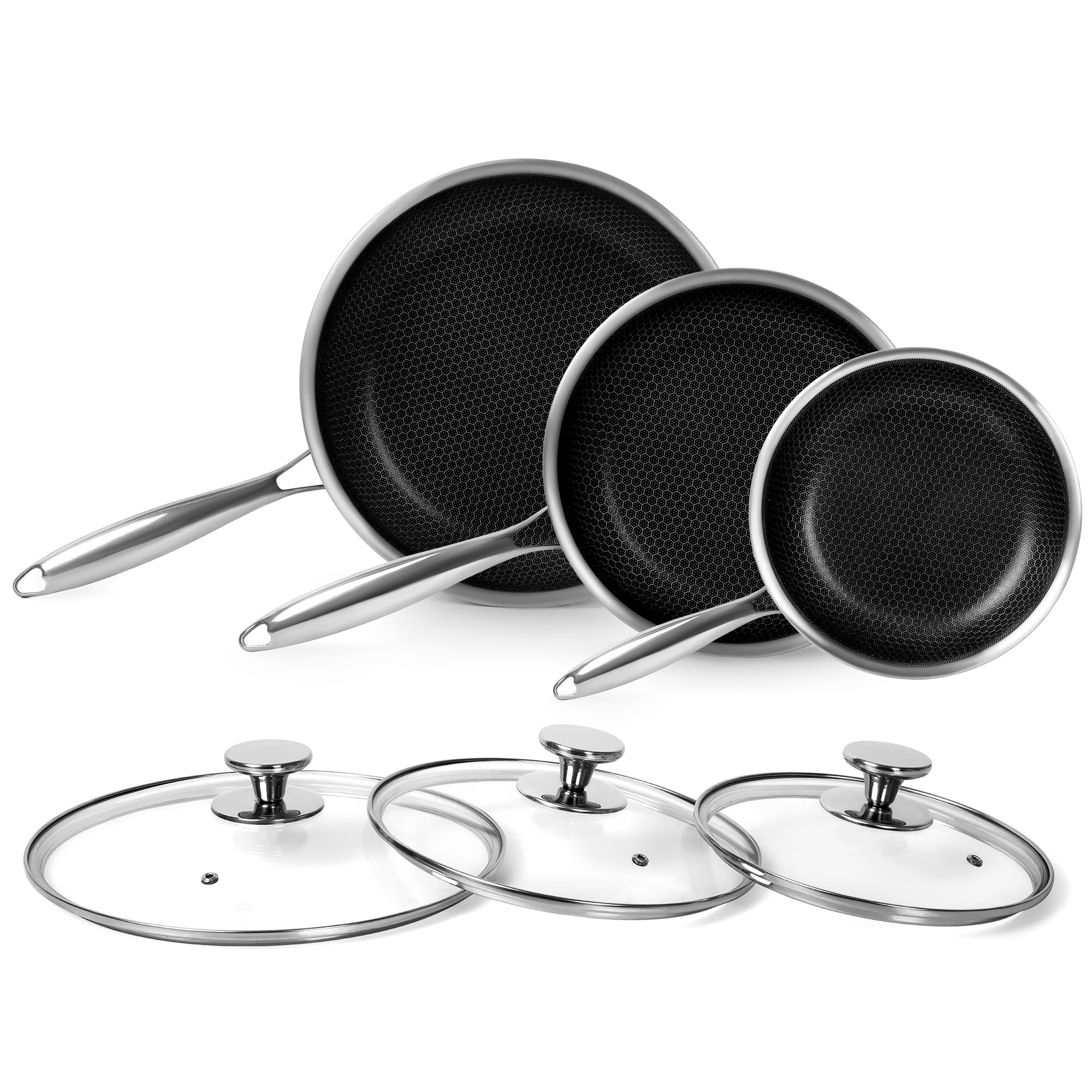 Innerwell Tri-Ply Stainless Steel Frying Pan Set With Lid,8 Inch,9.5 Inch And 11 Inch Nonstick Honeycomb Stainless Steel Cooking