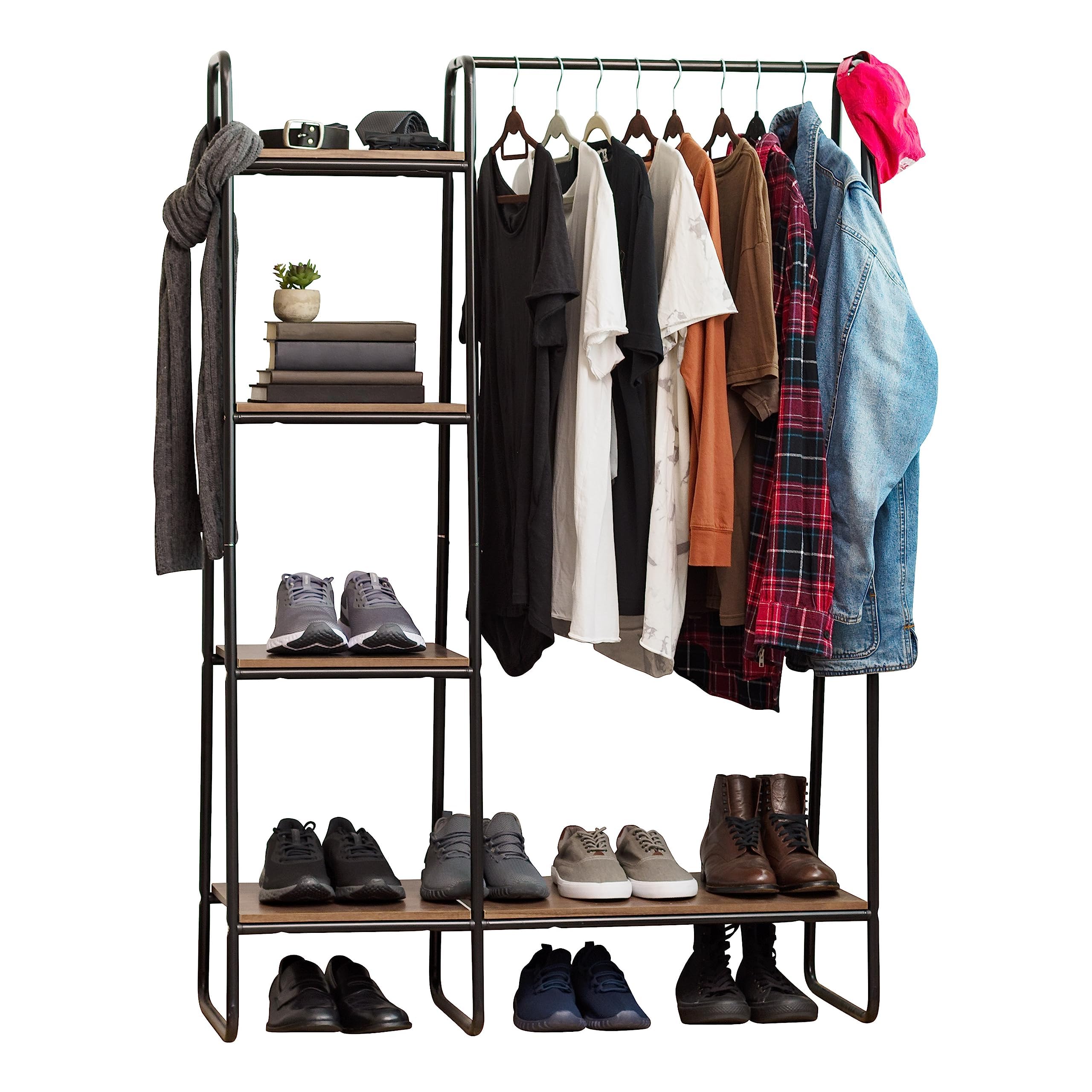 Iris Metal Garment Rack With Wood Shelves, Black And Dark Brown, Pi-B3