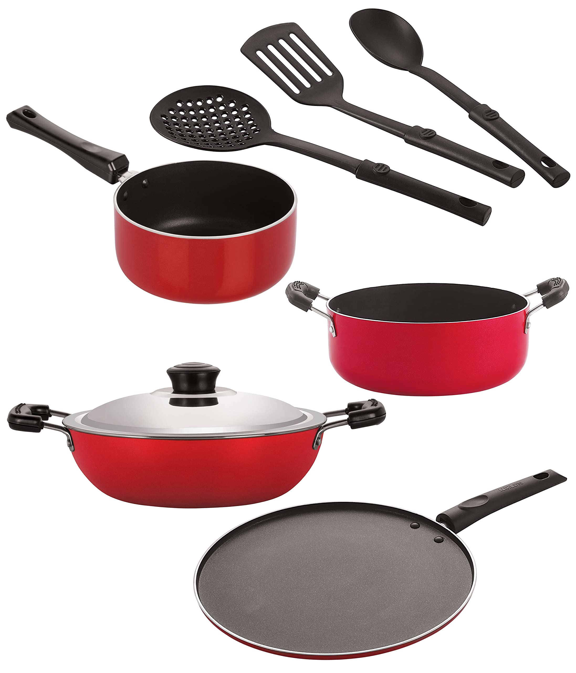 Nirlon Nonstick Coated Aluminium 7 Pcs Set Of Deep Kadhai24Cm,Sauce Pan18Cm,Casserole22Cm,Smart Tawa26.5Cm & 3 Spoon (2.6Mm_