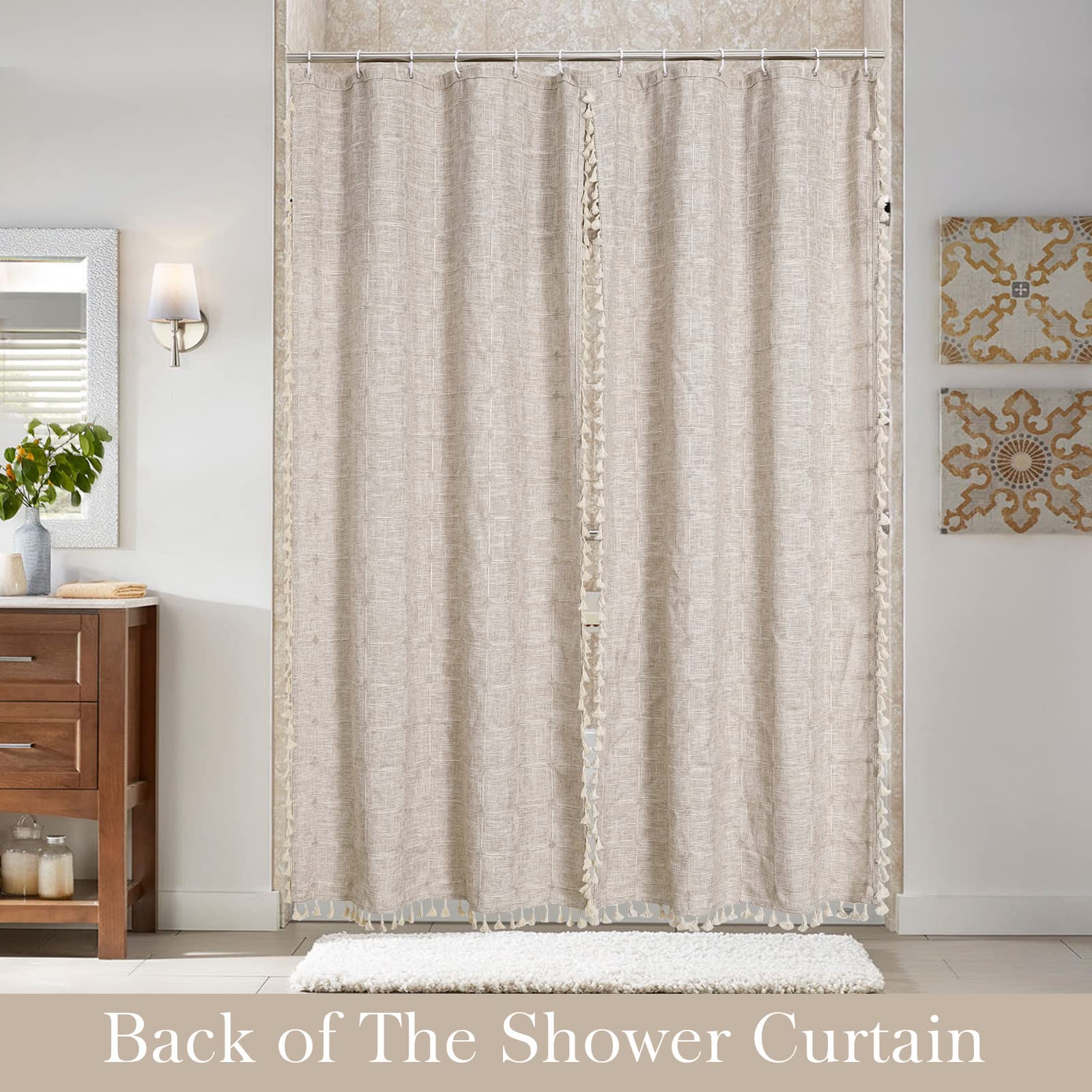 MitoVilla Boho Farmhouse Swag Shower Curtain  Cotton Linen Cloth Fabric Shower Curtain Set with Elegant Valance and 2 Tie Backs for Vintage Country Bathroom Decor  Tan Brown  72 x 72