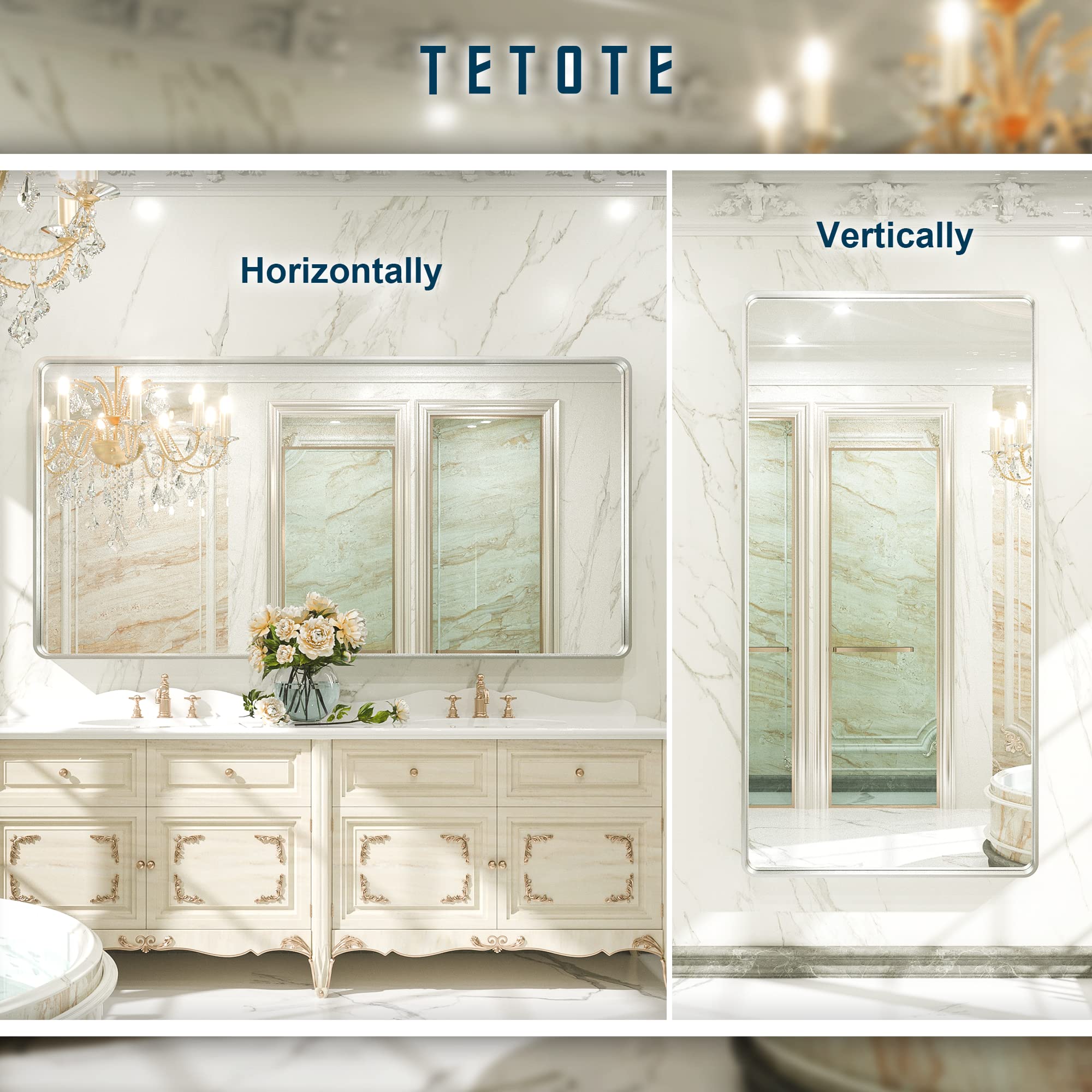 Tetote 60 X 30 Inch Silver Vanity Mirror, Brushed Nickel Rectangle Metal Framed Modern Mirrors For Bathroom, Farmhouse Round Cor