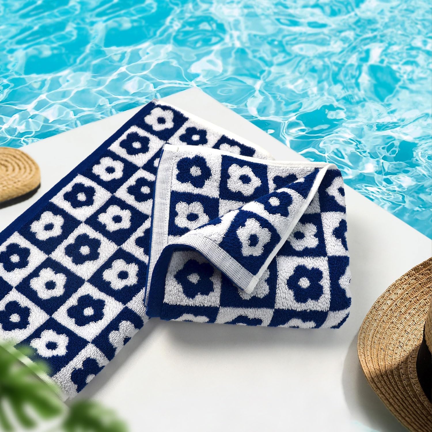 Jacquotha Hand Towels For Bathroom Navy Blue & White - Checkered Floral Decorative Hand Towel Set Of 4, 100% Cotton, 13X29 Inche