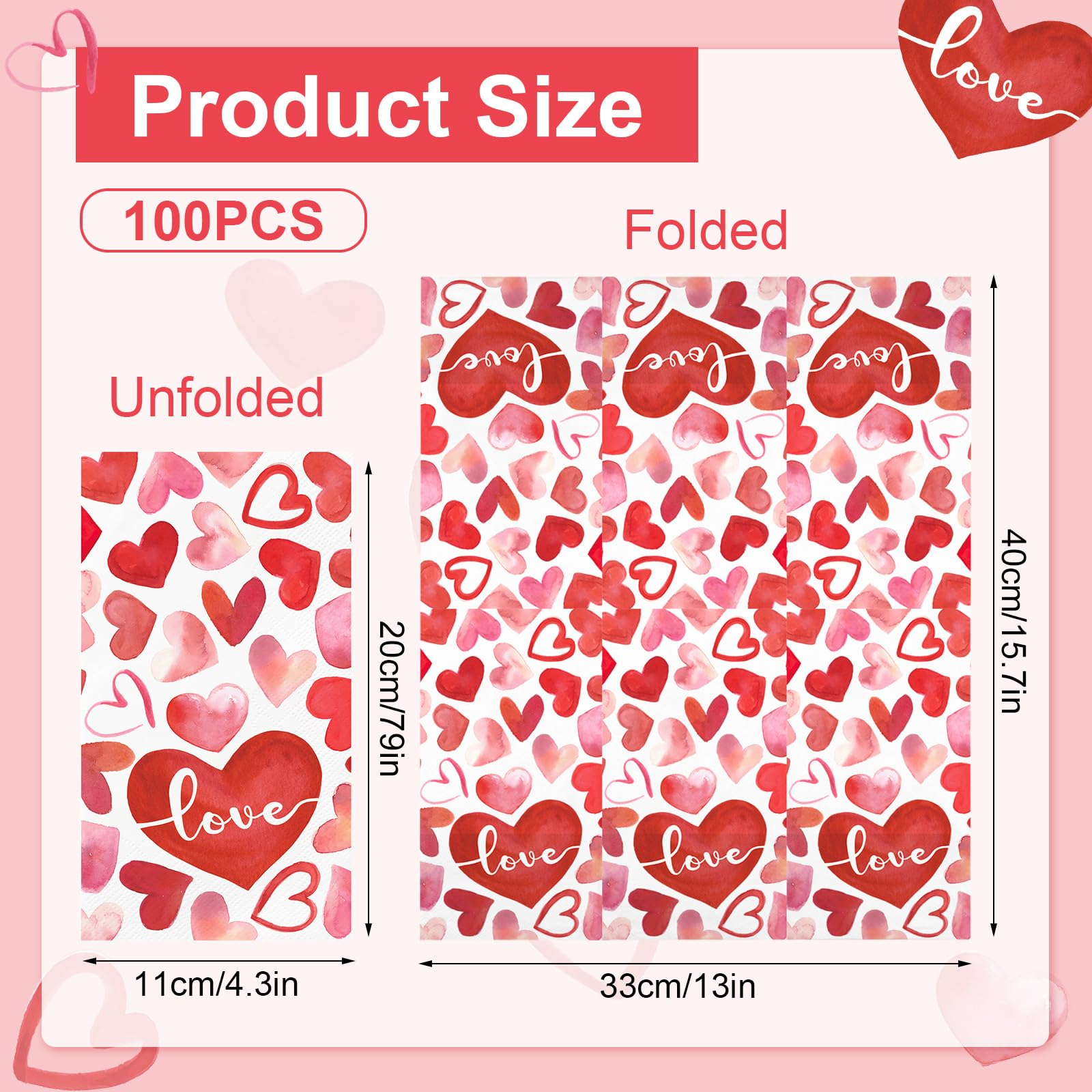 100Pcs Watercolor Heart Valentines Day Napkins Disposable Hand Towels For Bathroom 3 Ply Red Pink Heart Love Paper Napkins Decor
