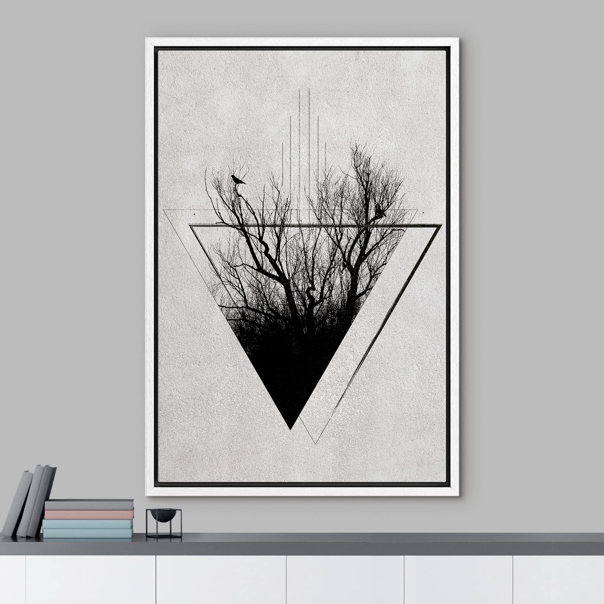 NWT Framed Canvas Print Wall Art Sketch Style Triangle Tree & Bird Silhouette Nature Wilderness Photography Realism Minimalist Scenic Black and White for Living Room  Bedroom  Office - 16''x24'' White