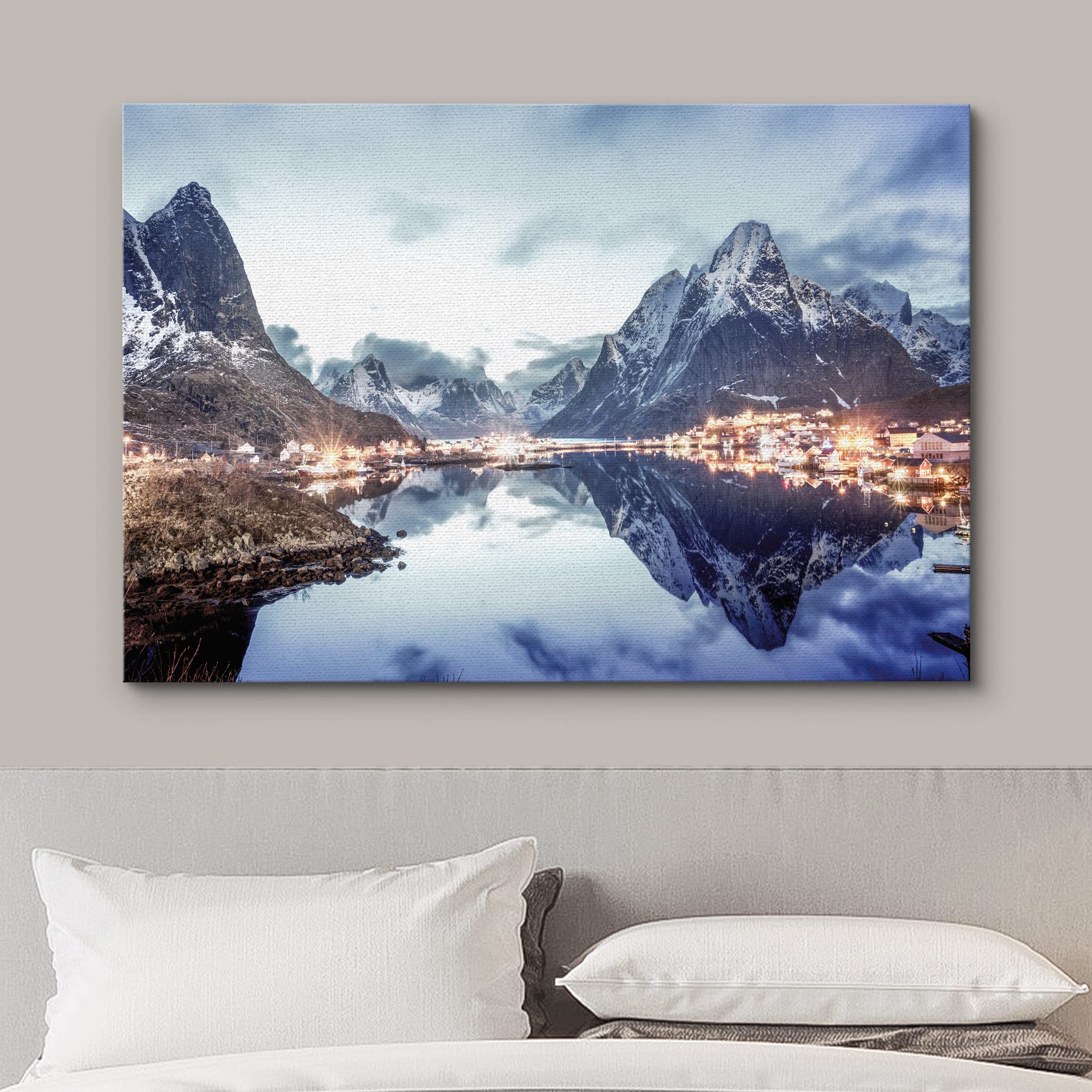 Wall26 Canvas Print Wall Art Winter Snow Mountain City Light Village Nature Wilderness Photography Realism Earth Scenery Rustic