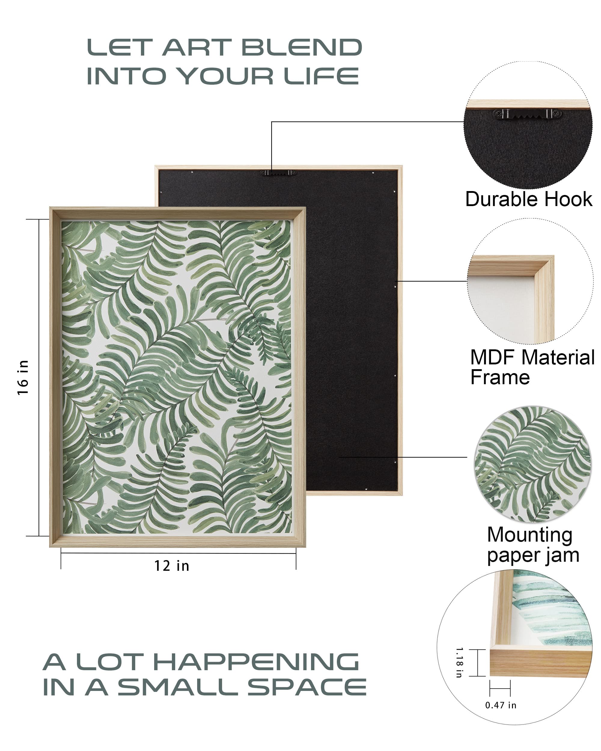 Upwoigh Framed Green Wall Art(No Plexiglass), Palm Leaves Canvas Wall Art,16X12In Botanical Wood Bohemia Sage Wall Decor Prints