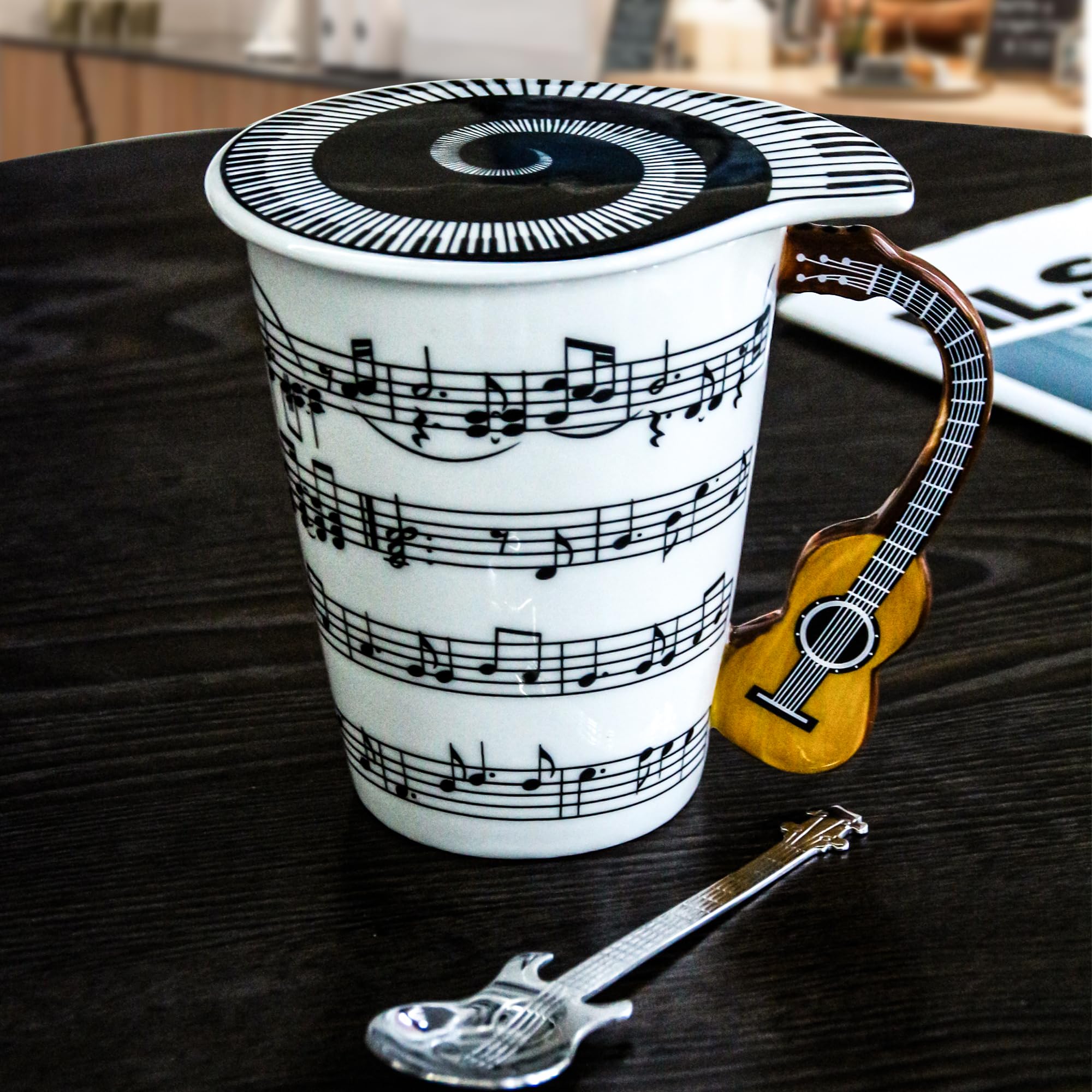 Guitar Novelty Mug Unique Musical Gift Coffee Cup with Cool Music Themed Lid & Guitar Handle Design & Guitar Spoon, Great Gifts
