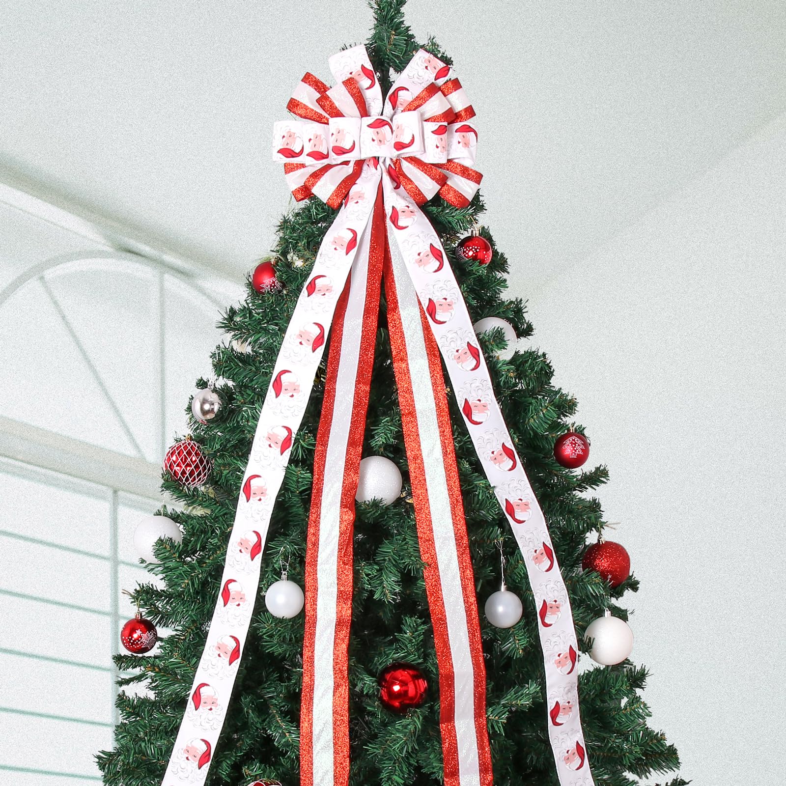 Christmas Tree Topper Christmas Wreath Bow, 52 * 13 inches Tree Toppers Bow withSanta Claus Patterned Ribbon for Xmas Tree Chris