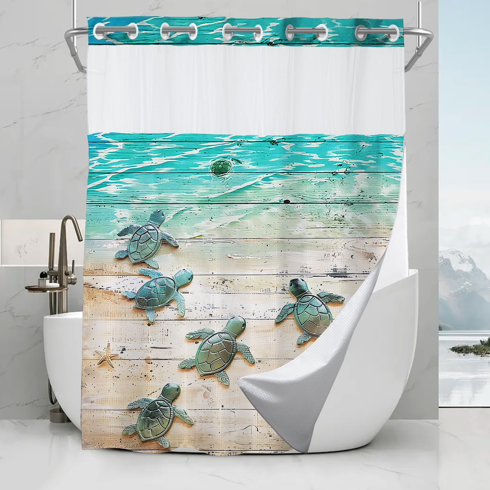 Final Friday Nautical Green Beach Sea Turtle Theme No Hook Waffle Weave Shower Curtain With Snap In Liner Nautical Blue Bathroom