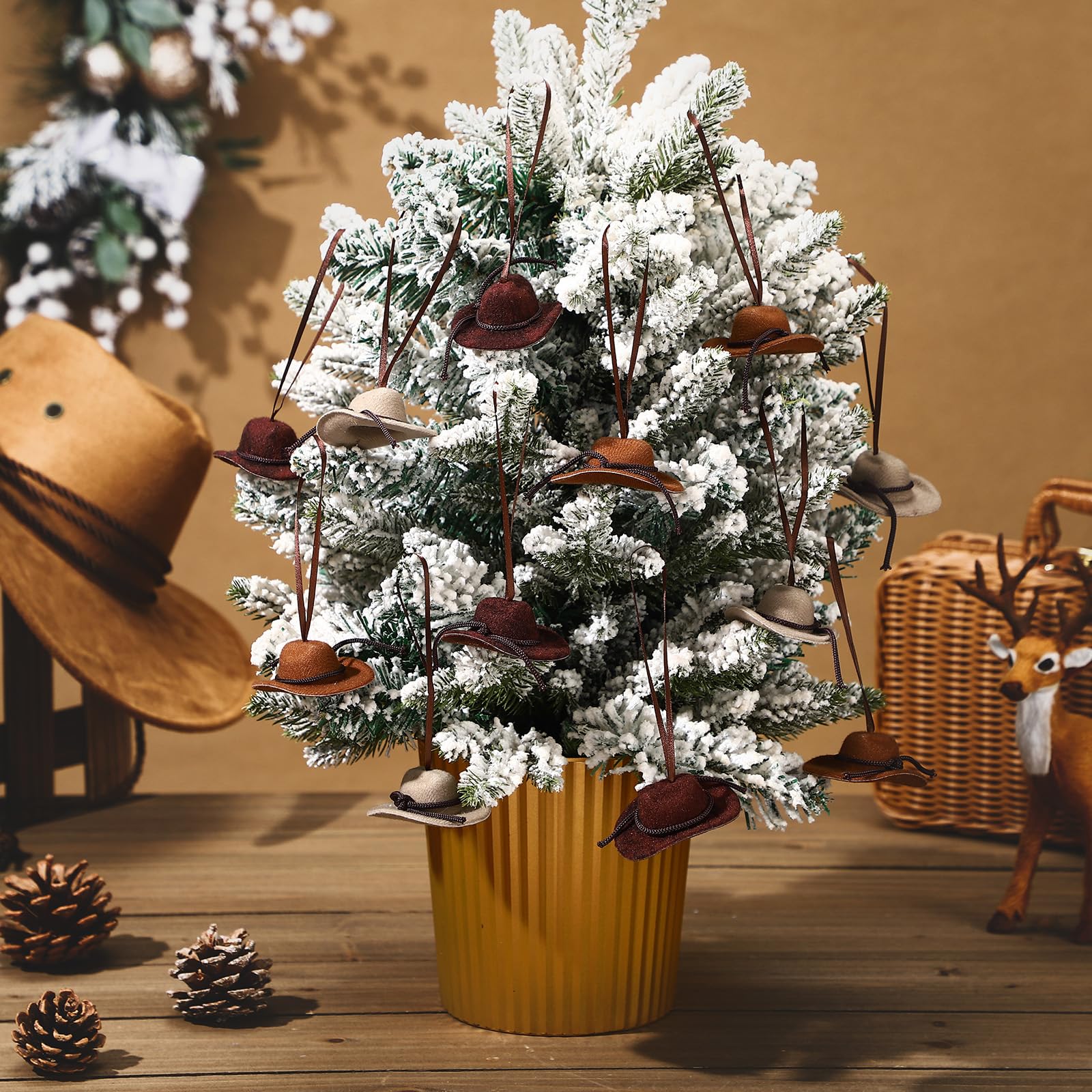 Bucherry 12 Pcs Christmas Western Ornaments Cowboy Cowgirl Hat Ornaments for Christmas Tree Decorations Mini Cowboy Doll Hat Bul