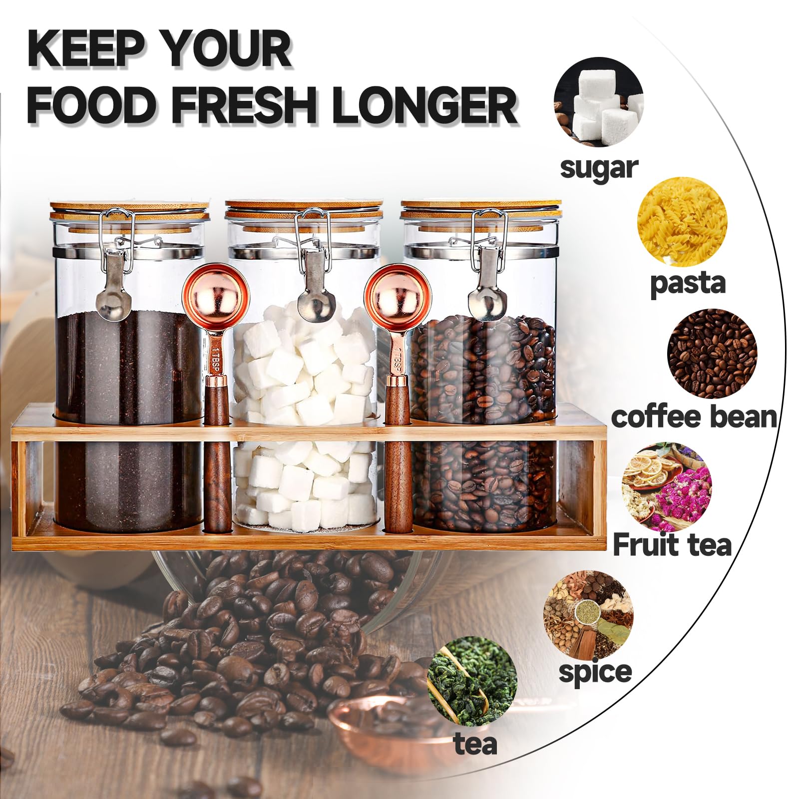 Gurudar Glass Coffee Storage Container With Bamboo Shelf, 3Pcs 49Oz Airtight Sealed Coffee Bean Jar With Clamp Lid & Measuring S