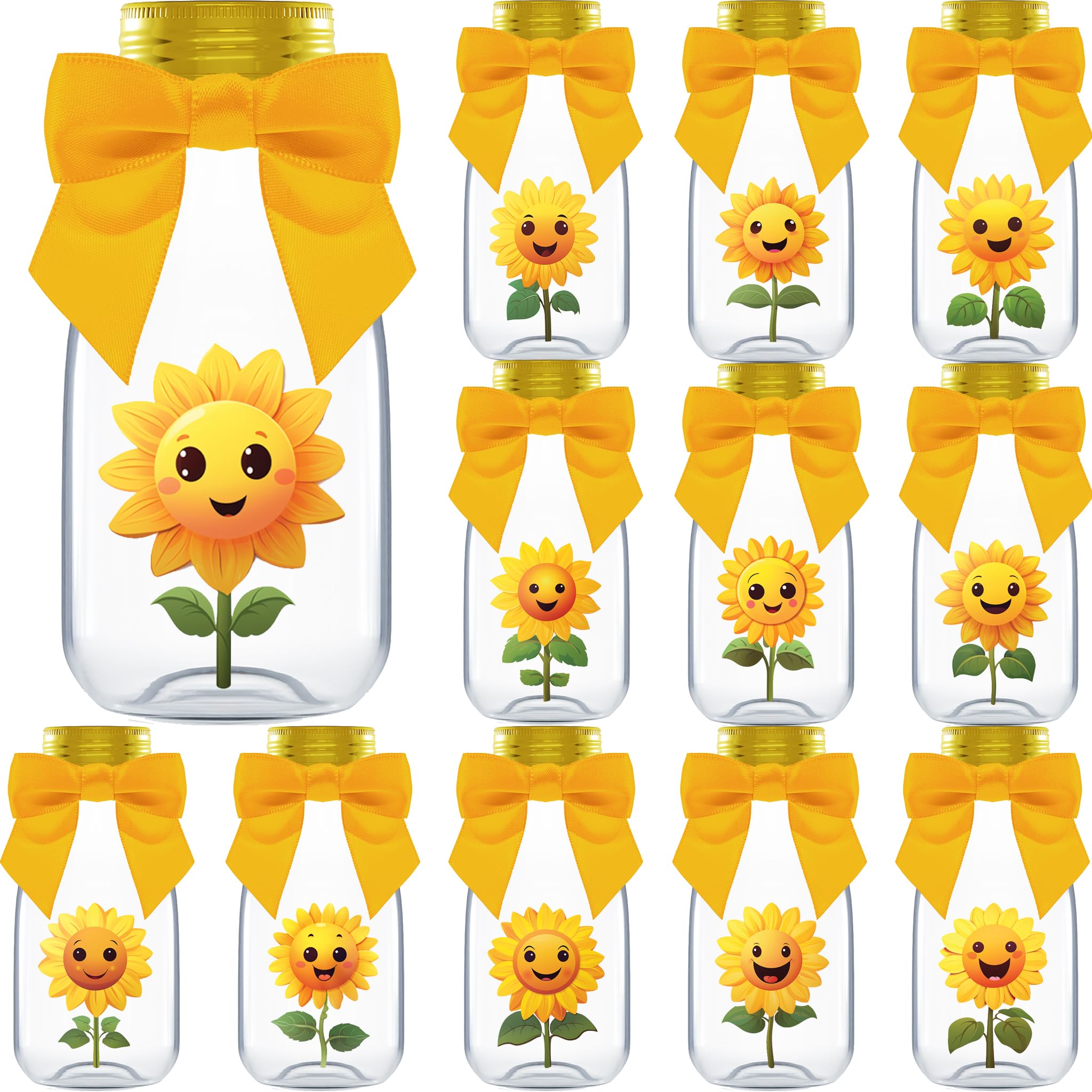 Ethisa Small 12 Pack Sunflower Party Favors - DIY Candy Jars with Ribbons and Stickers - Party Decoration Bottles for Birthday, 