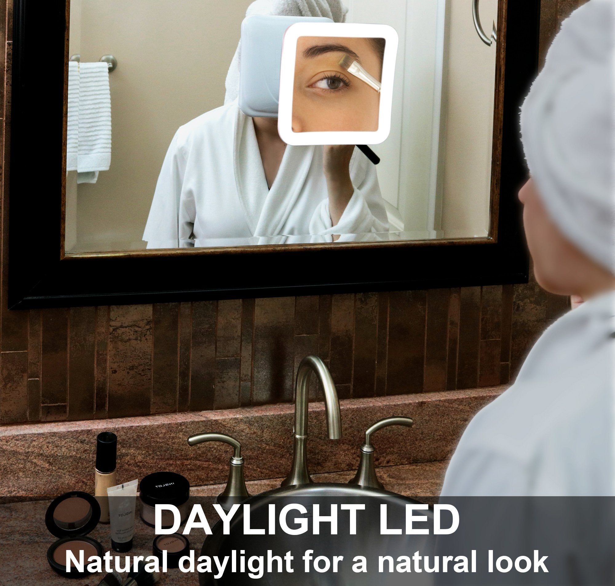 Fancii 10X Magnifying Lighted Makeup Mirror - Daylight LED Vanity Mirror - compact  cordless  Locking Suction  65 Wide  360 Rotation  Portable Illuminated Bathroom Mirror (Square)