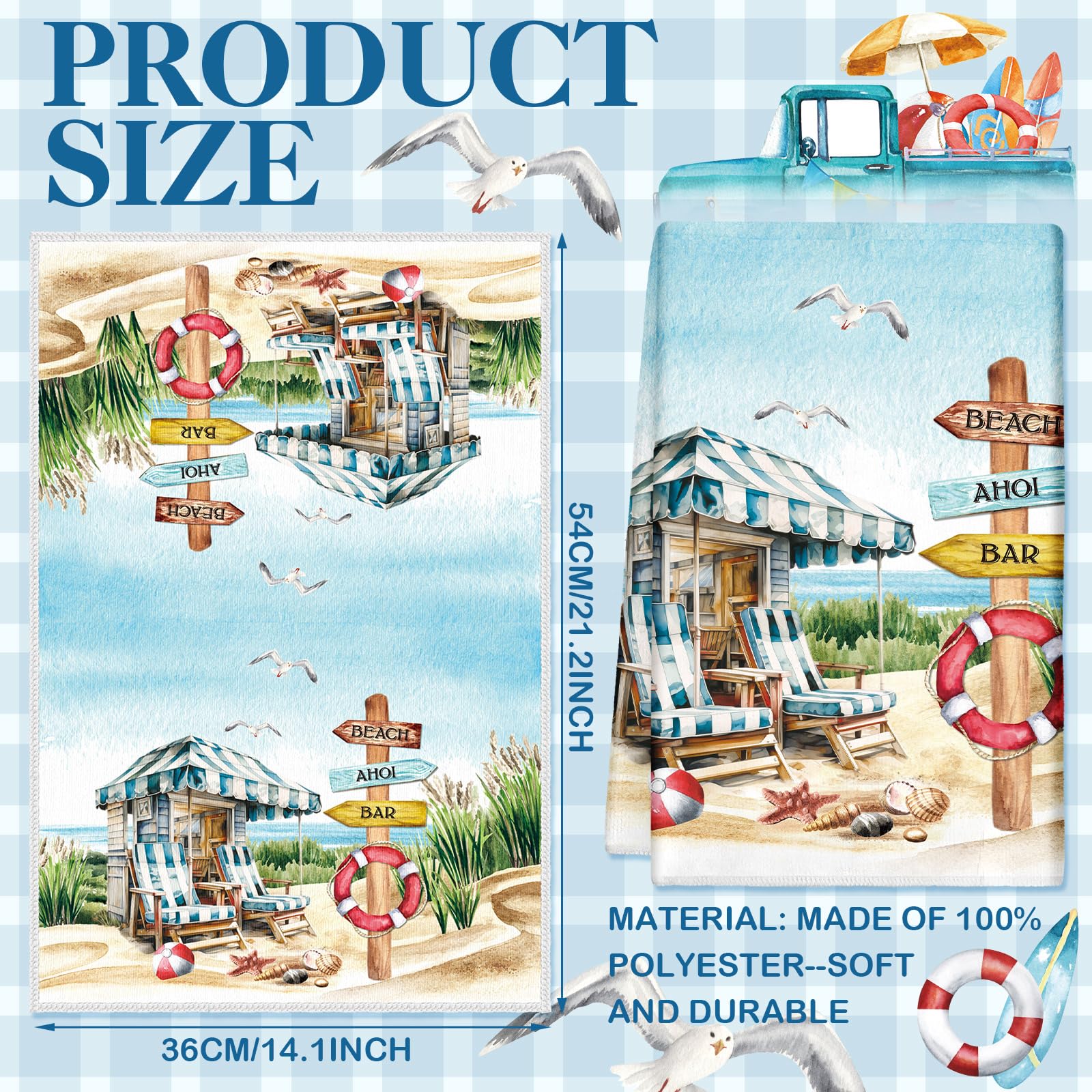 Tudomro 6 Pcs Summer Beach Kitchen Towels Beach Truck Shell Dish Towels Absorbent Soft Kitchen Fingertip Towels Blue Fresh Summe