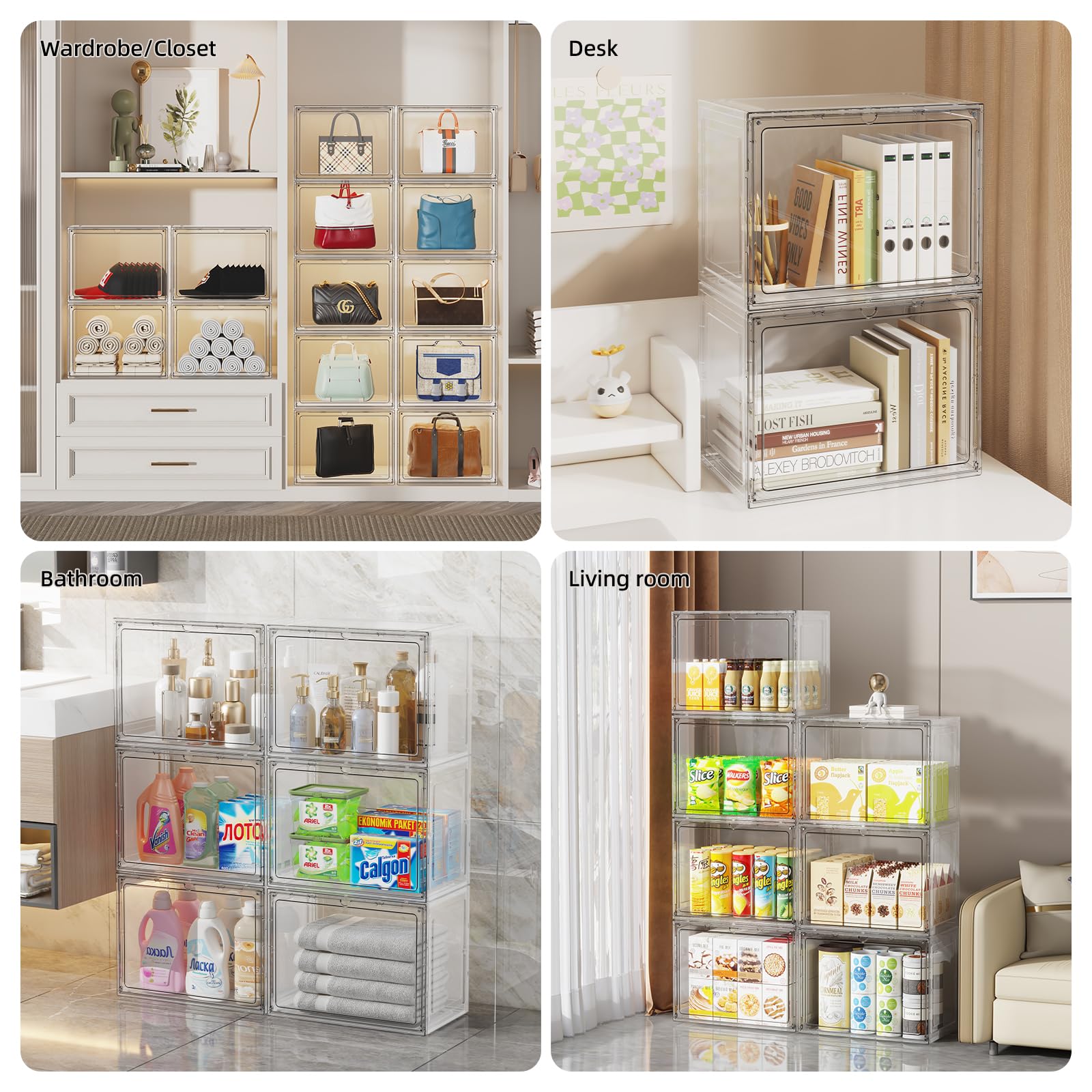 Mshomely Stackable Storage Bins With Lids 5 Packs Clear Plastic Storage Containers With Magnetic Door, Storage Boxes For Organiz