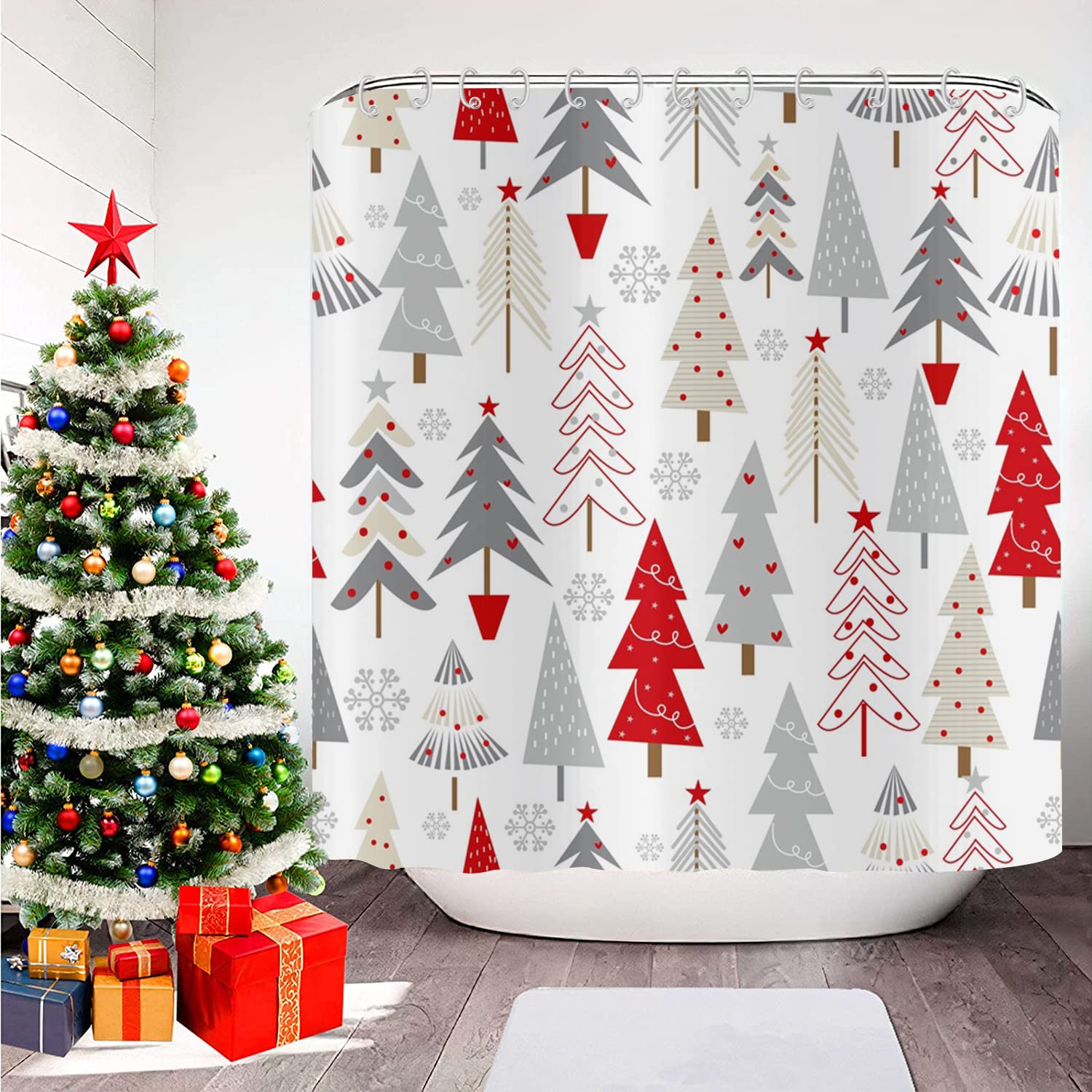 Gcirec Christmas Tree Shower Curtain, Grey Beige Red Xmas Tree With Stars Snowflake Cute Bathroom Curtain For Boys Girls Bathtub