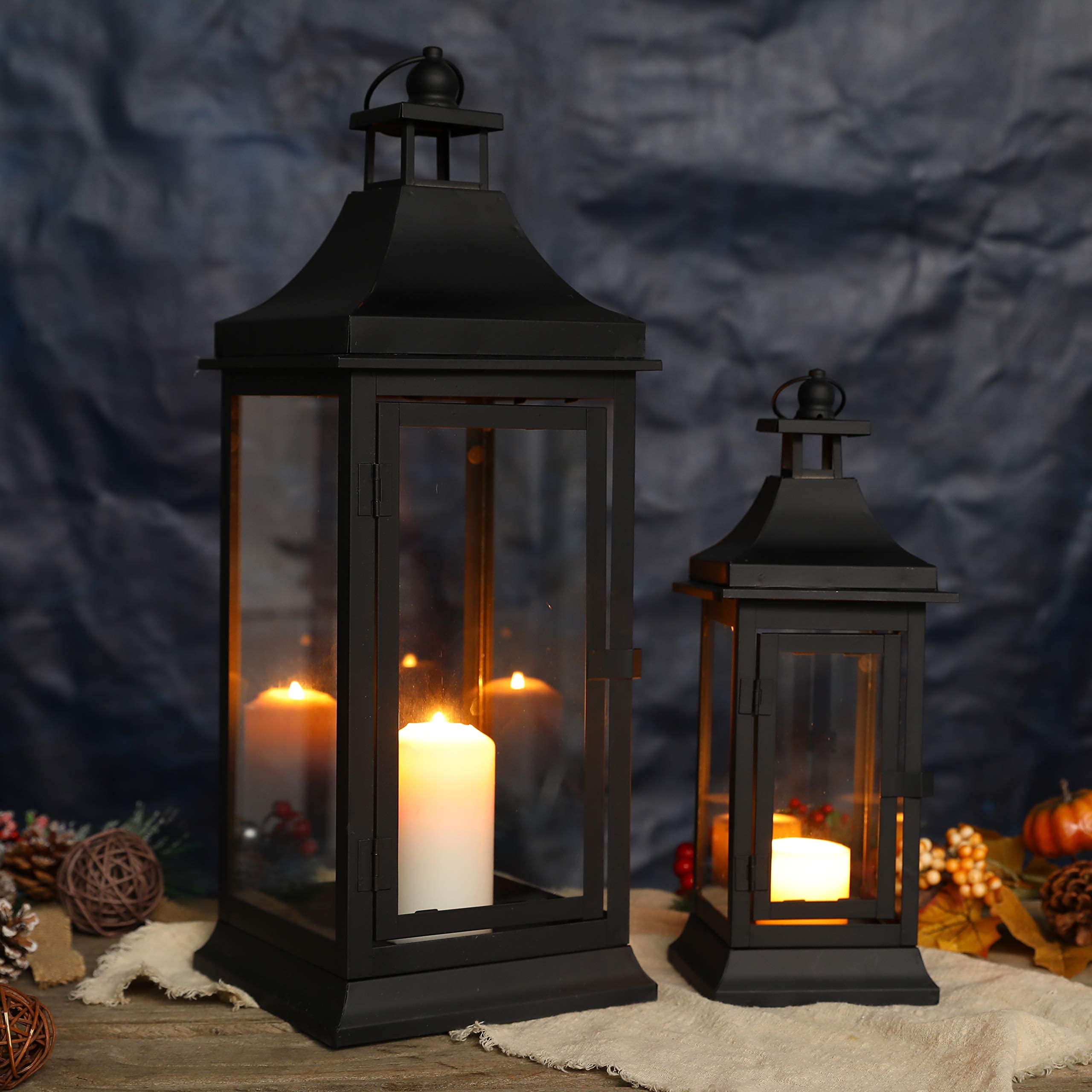 JHY DESIgN Set of 2 13&195Tall Outdoor candle Lanterns Vintage Hanging Tower Lantern Metal candle Holder for garden Living Room Indoor Outdoor Parties Weddings Balcony(Black)