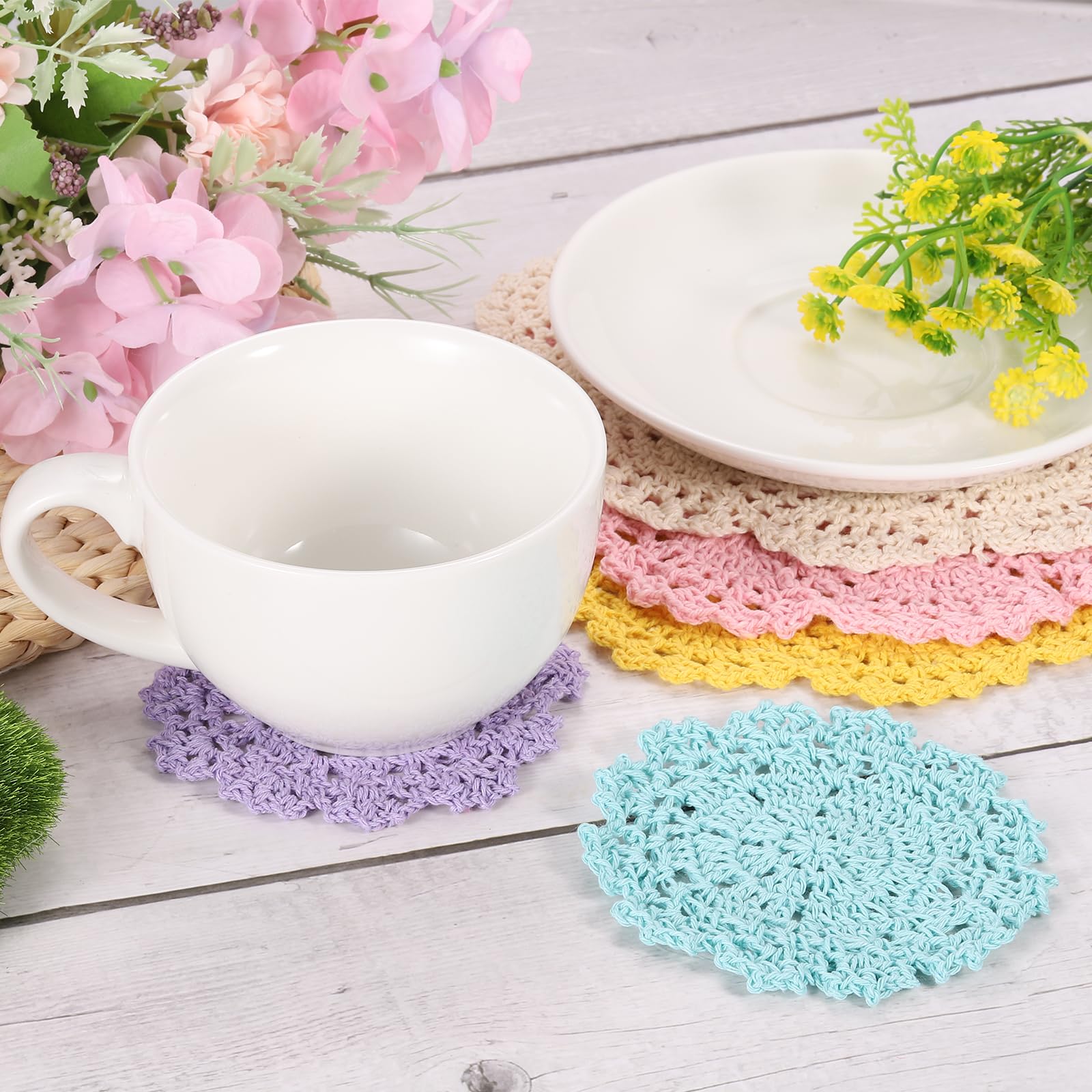 Uxcell Crochet Doilies, 4Pcs 8 Inch - Handmade Crochet Cotton Coaster, Round Lace Placemats With Floral Patterns For Wedding Par