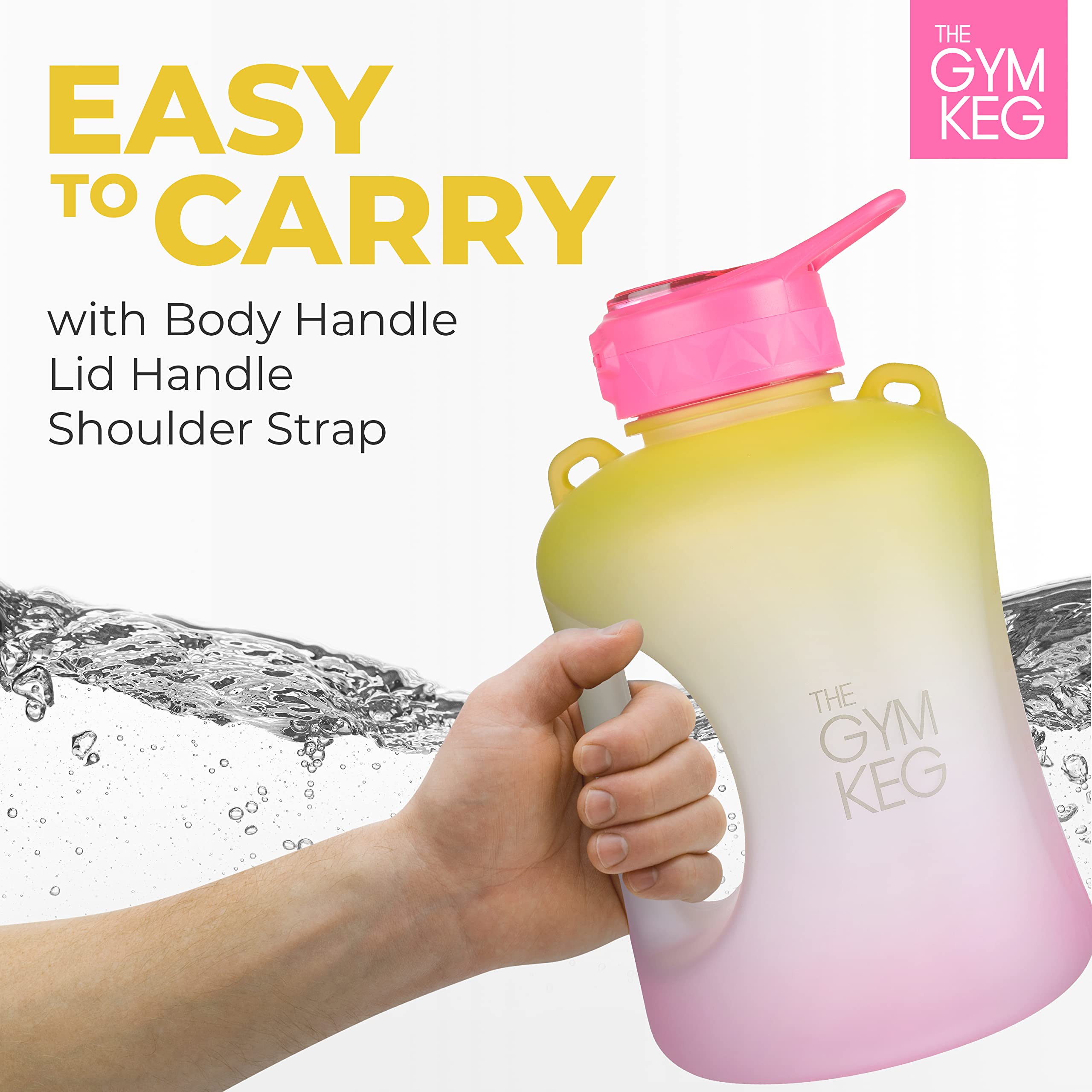 THE GYM KEG Half Gallon Water Bottle (74oz)  Gym Bottle with Straw Lid  Carry Strap Motivational Time Markings  Sport Water Bottles with Times to Drink  Large Reusable Bottle  Leakproof & BPA-free