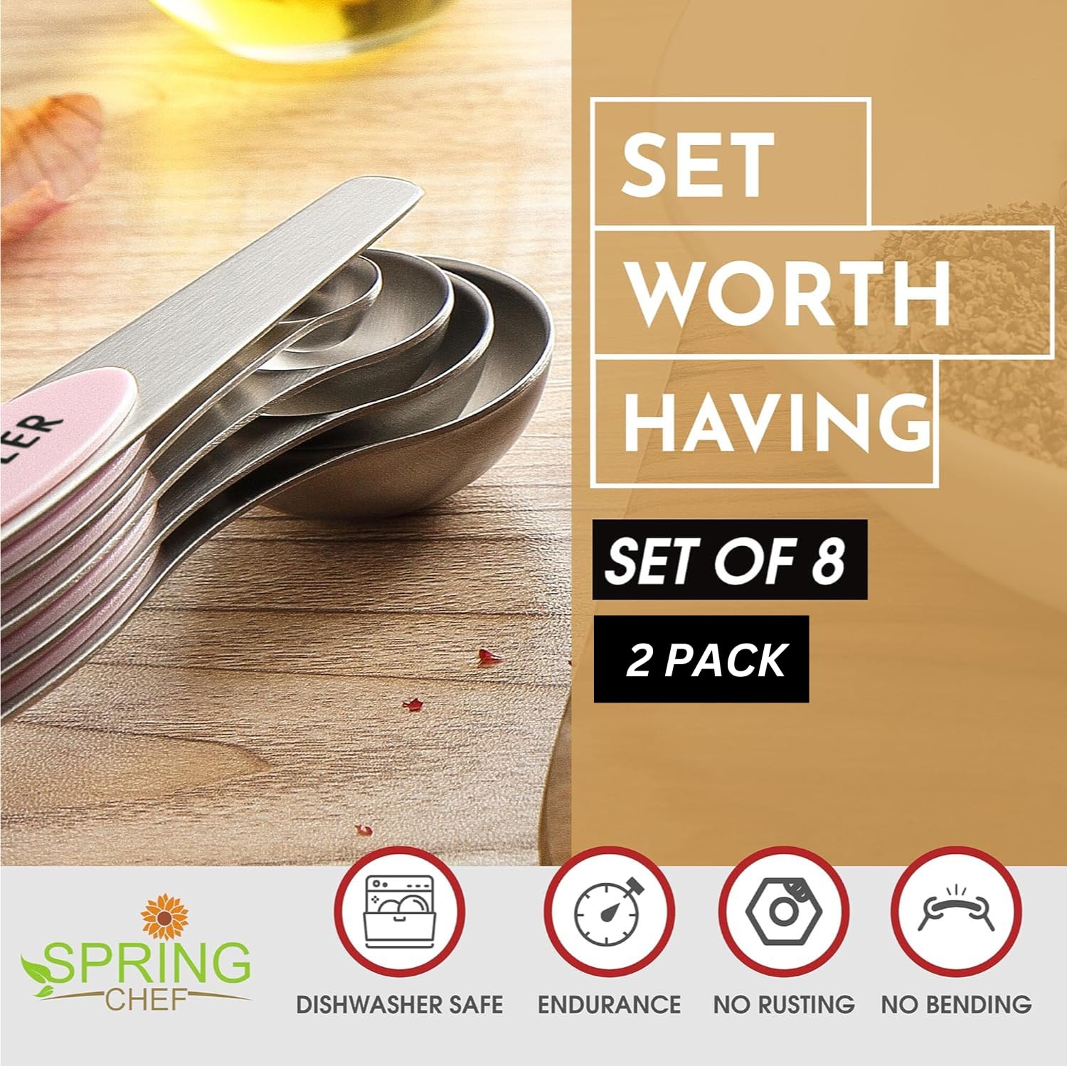 Spring Chef Magnetic Measuring Spoons Set, Dual Sided, Stainless Steel, Fits In Spice Jars, Pink Lemonade, Set Of 8, 2 Pack