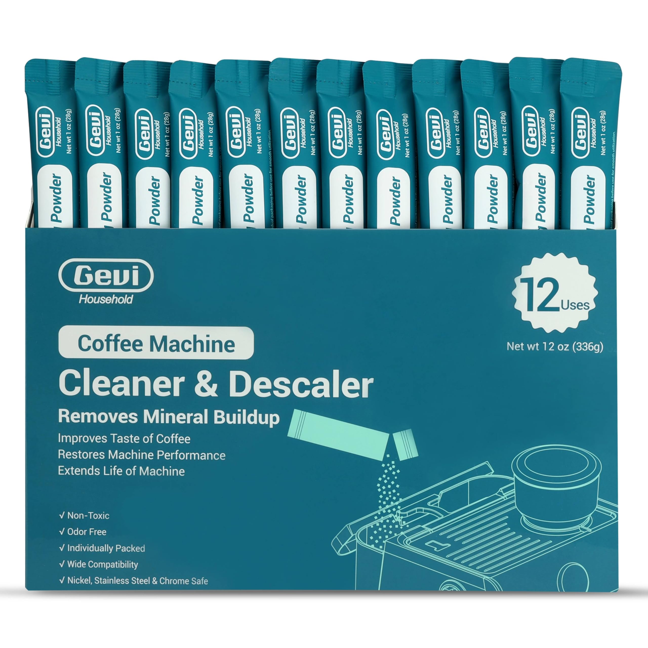 Gevi Household Coffee Maker Cleaner, Espresso Machine Cleaning Powder - 12 Use & Individually Packed For Each Use | Organic Citr