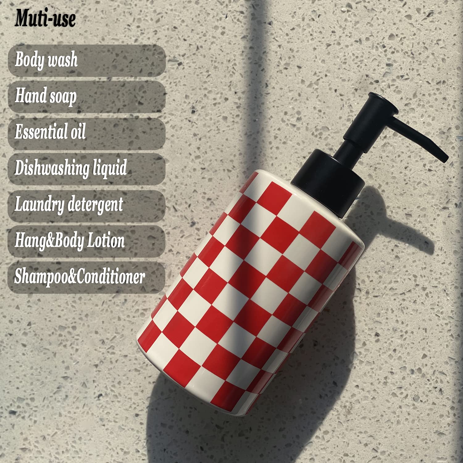 Bathroom Soap Dispenser With Matte Black Pump White Ceramic Soap Dispenser For Kitchen Checkerboard Empty Pump Bottle (Red)