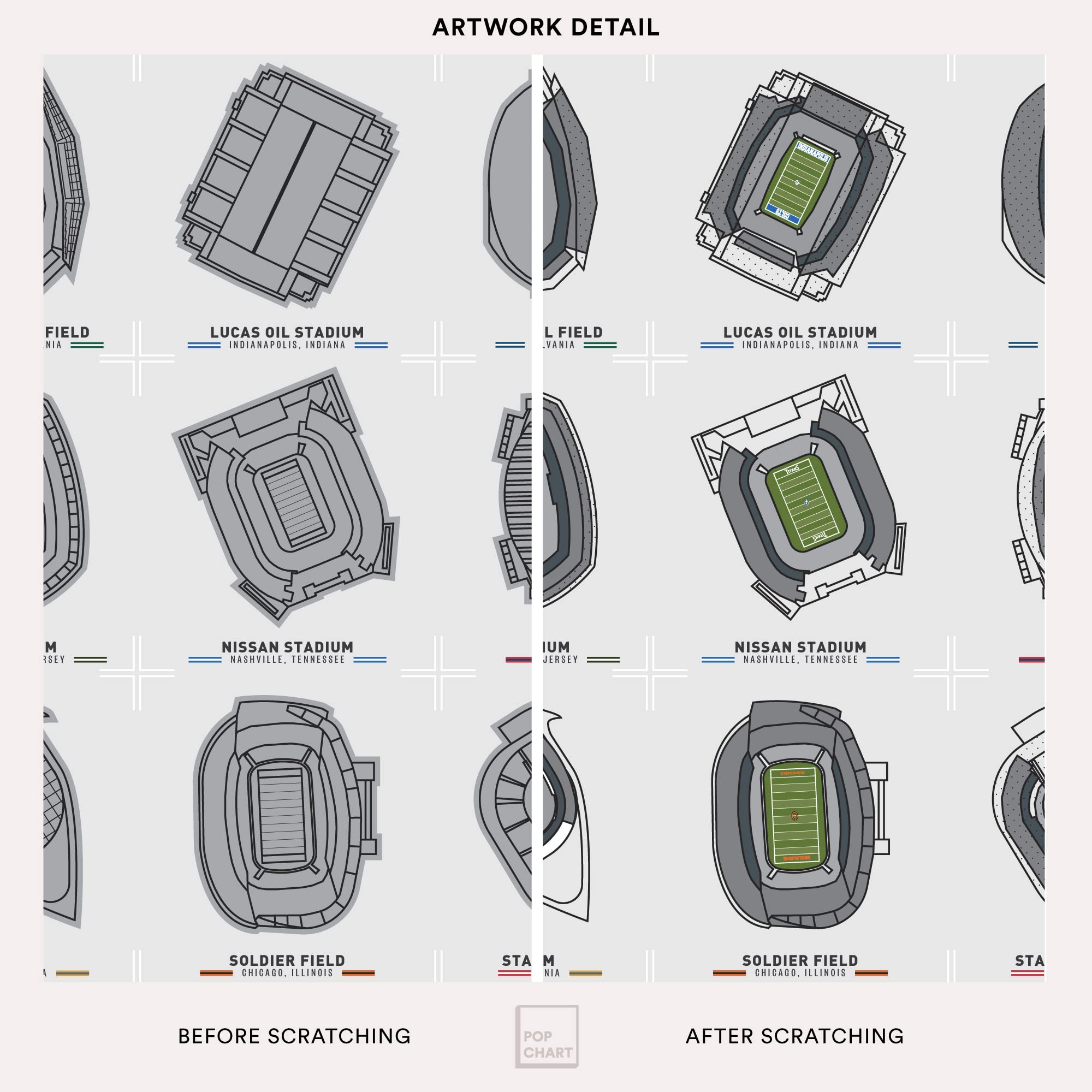 Pop Chart  Football Stadiums Scratch-Off Poster  12'' x 16'' Bucket List Print  Track Your Visits to All 30 Pro Football Stadiums  Sports Wall Decor for Living Room or Dorm  100% Made in the USA