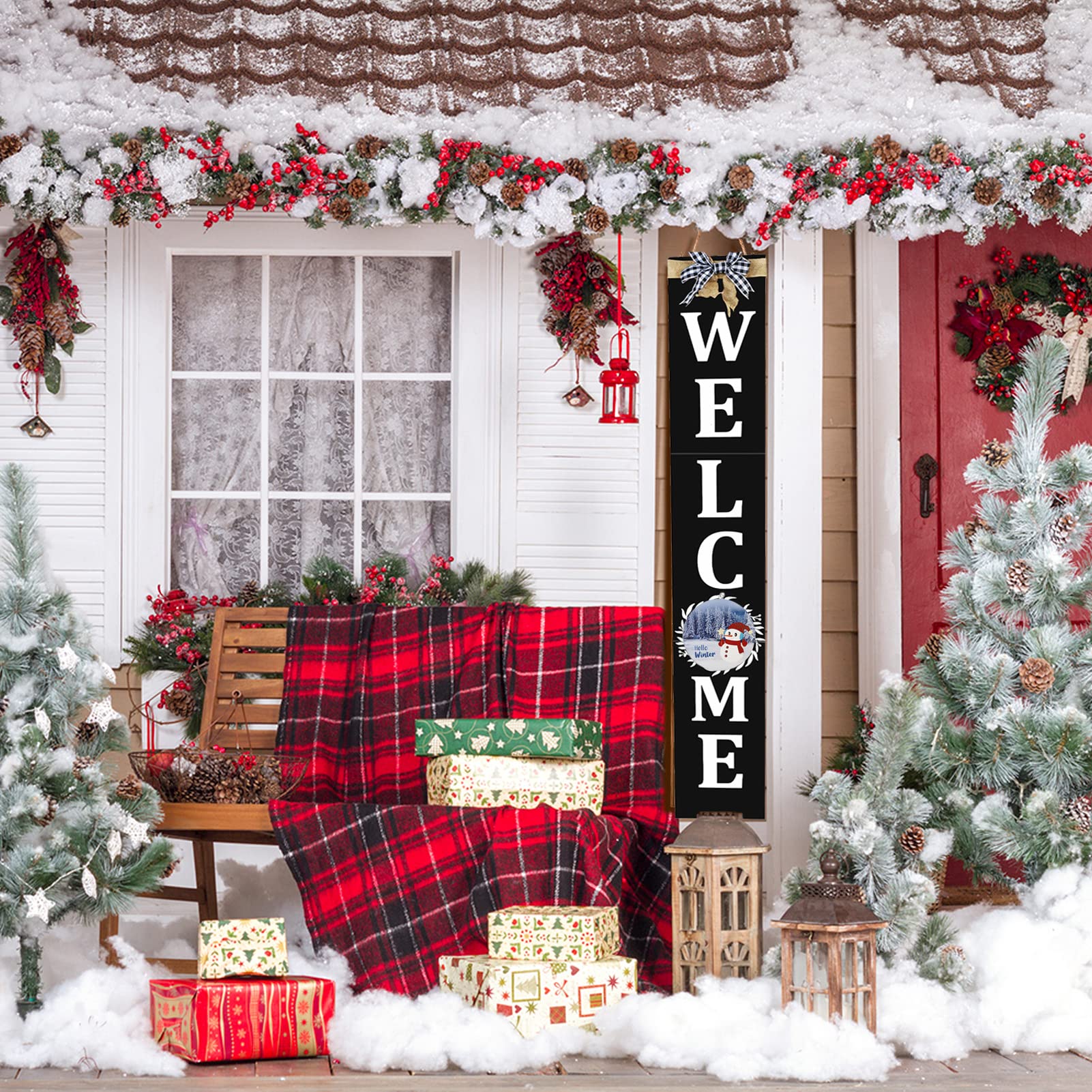 ECOGREDA Welcome Sign for Front Porch- 47inch with 12 Wooden Interchangeable Vertical Home Wall Decor(6 double sided disks), Sta