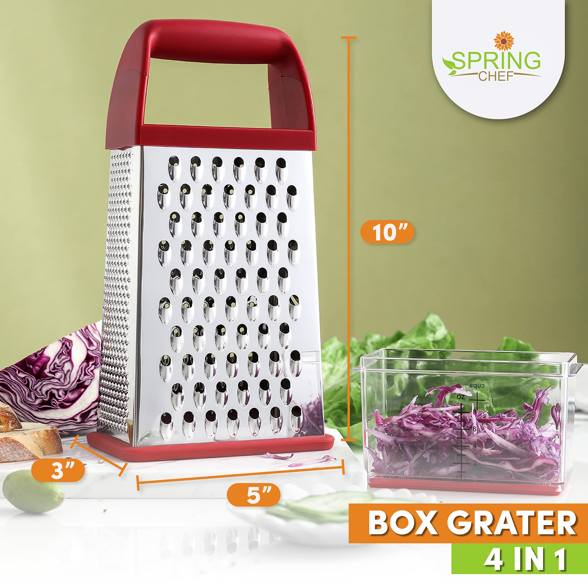 Spring Chef Professional Red 10'' Parmesan Cheese Grater With Container, Stainless Steel & Soft Grip Handle, 4 Sided Kitchen Car
