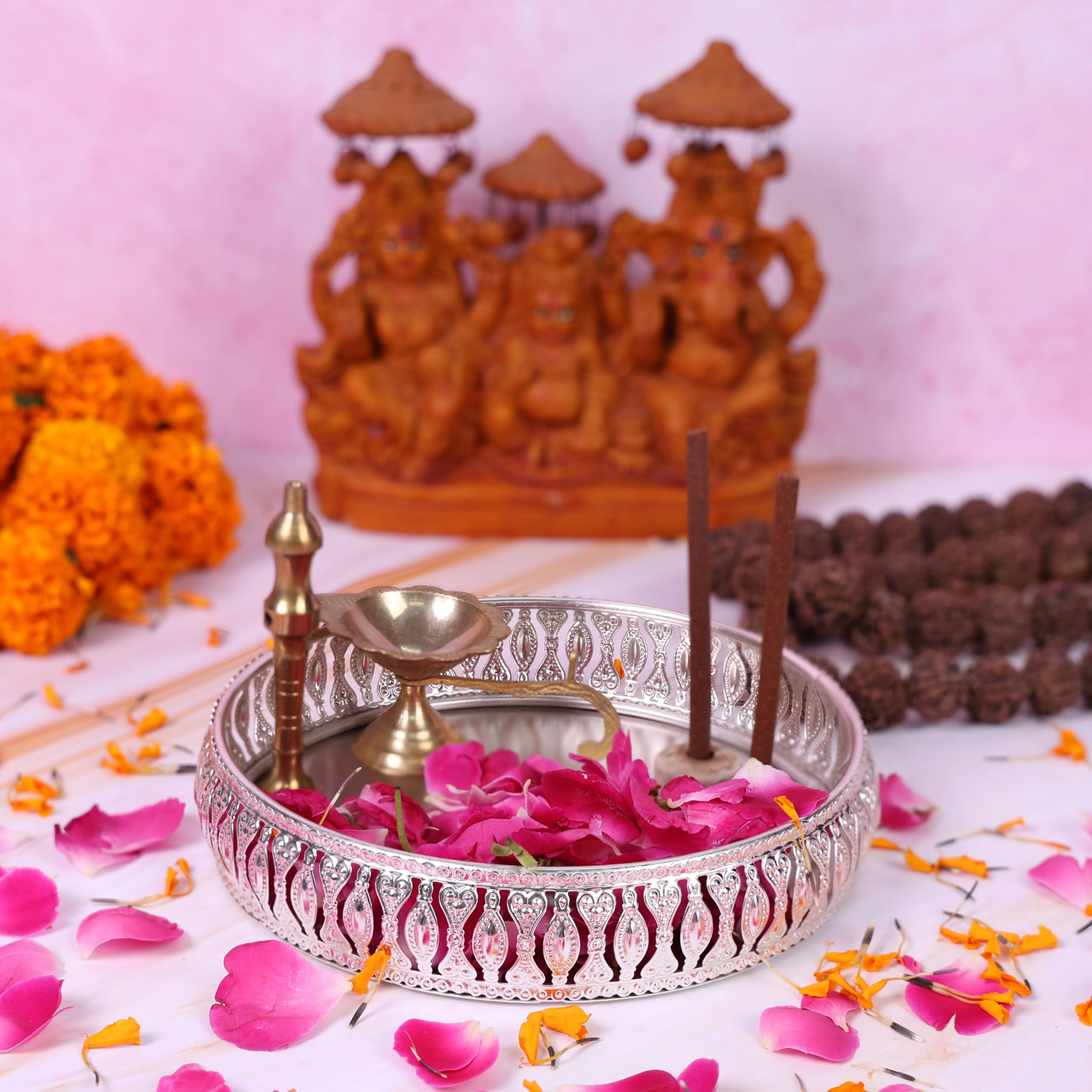 Design Decor Gallery Round German Silver Plated Tray| Round Decorative Tray | Best Gift For Pooja | Dcor | Diwali | Anniversary 
