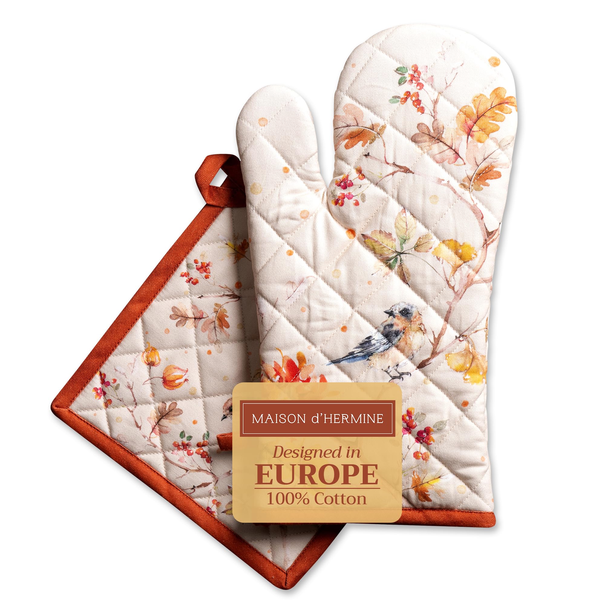 Maison d' Hermine Oven Mitt + Pot Holder 100% Cotton Kitchen Oven Mitt (7.5''x13'') & Pot Holder (8''x8'') for Gifts  Chef  Cooking  Baking  Grilling  Kelim - Prairie - Thanksgiving/Christmas