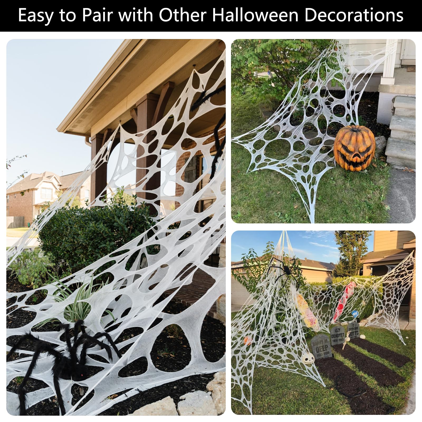 Joyseller 2 Packs Spider Web Halloween Decorations Outdoor, Stretchy 900 Sqft Halloween Spider Web, Cut-Your-Own Flexible Spider