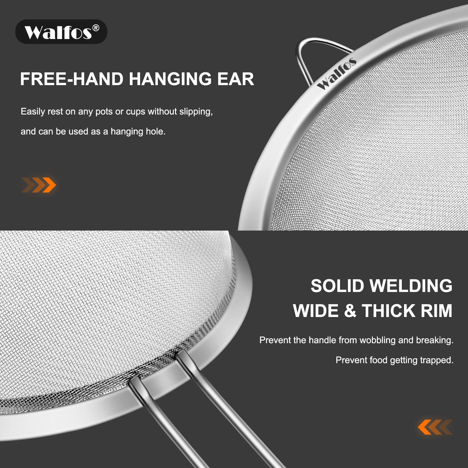 Walfos 8 Inch Fine Mesh Strainer, Premium Stainless Steel Colanders And Sifters, With Reinforced Frame And Sturdy Handle, Perfec