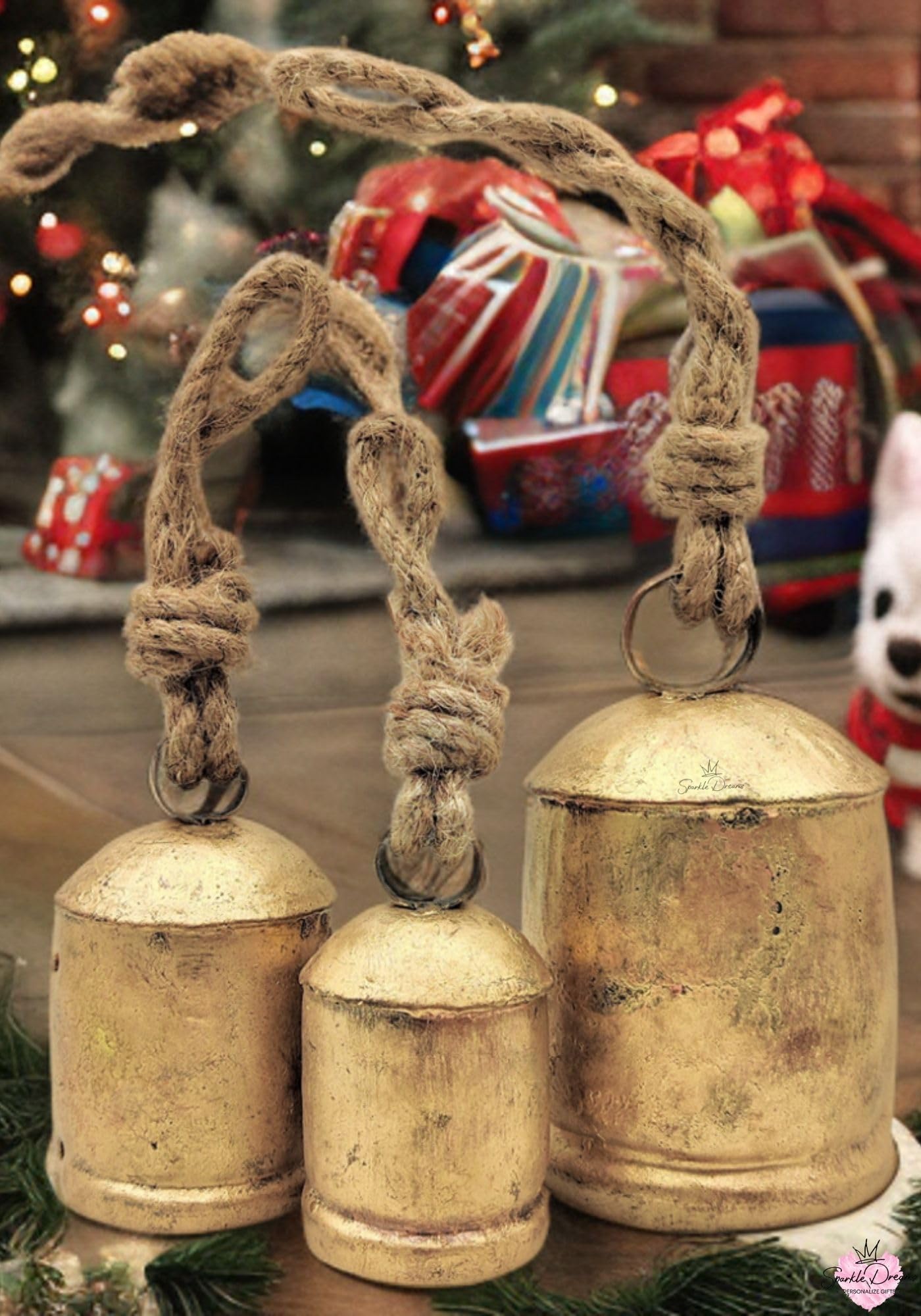 Sparkle Dreams Shabby Chic Vintage Country Style Rustic Metal Bells Set of 3 Hanging Harmony Giant Cow Bells on Rope