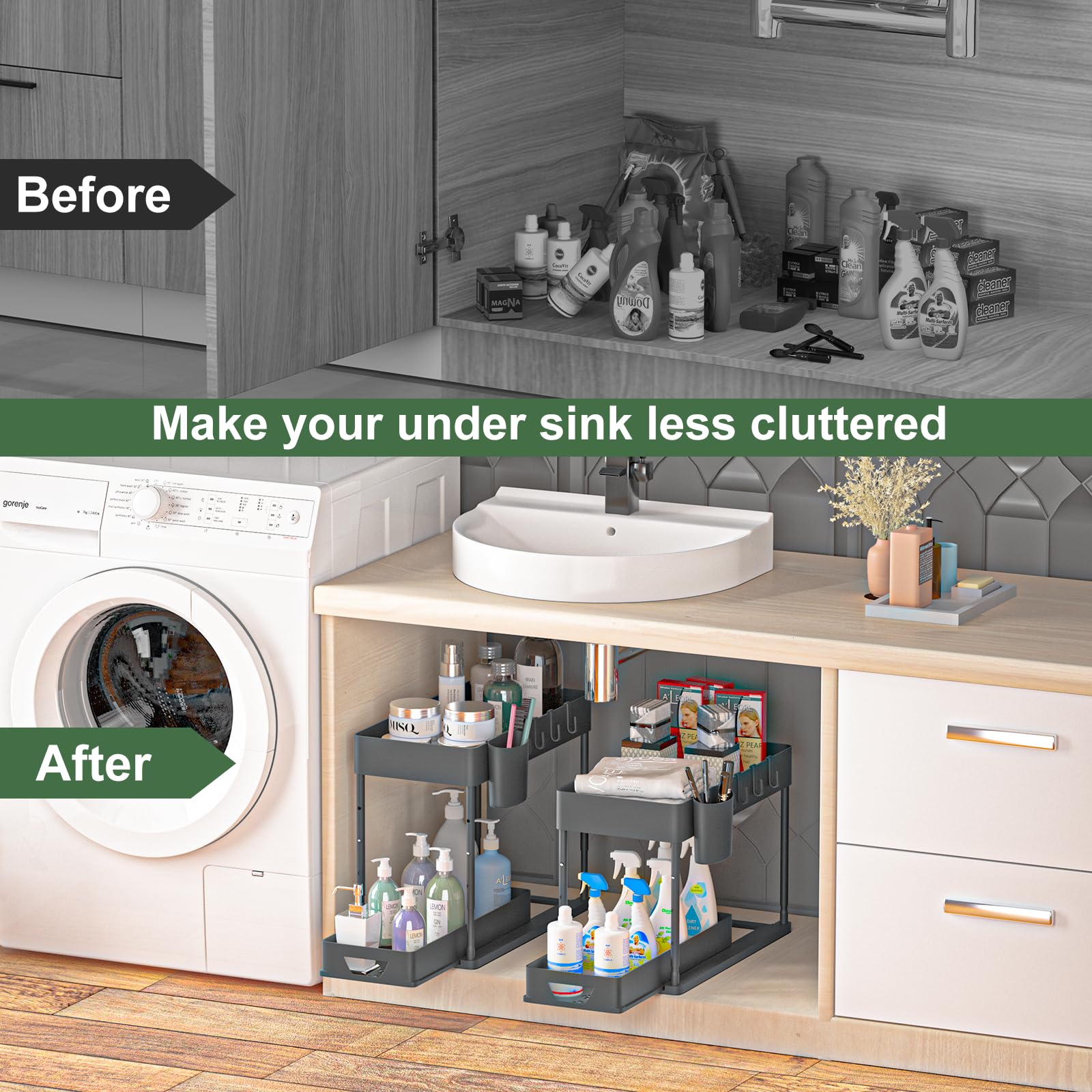 Hi Ninger 2 Pack Adjustable Height Under Sink Organizers And Storage, 2Tier Bathroom Organizer Under Sink,Multifunction Kitchen