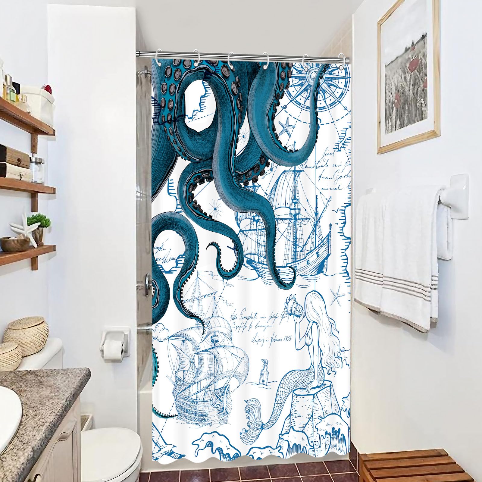 Fungarth Stall Blue Nautical Octopus Shower Curtain Navy Mermaid Funny Ocean Kraken Shower Curtains For Bathroom Cool Anchor Coa