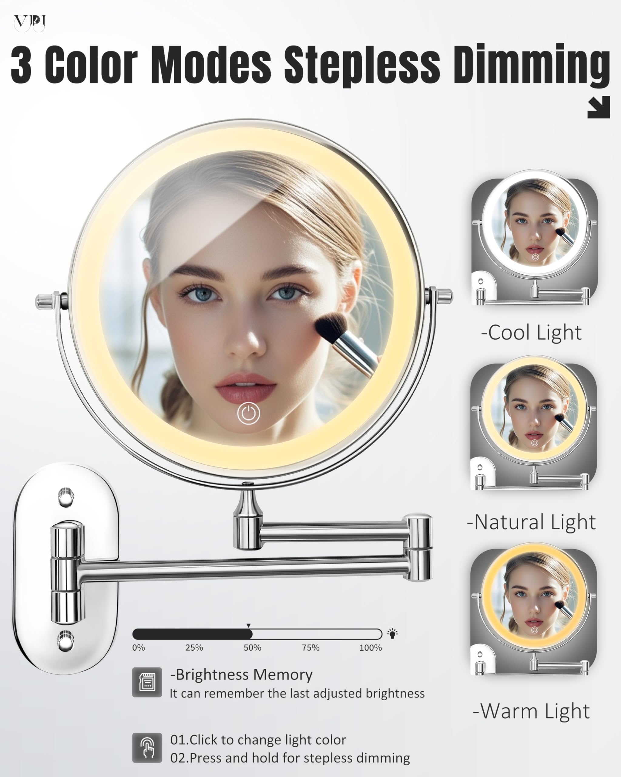 Wall Mounted Makeup Mirror With Light, 20X/1X 8'' Double Sided Led Magnifying Bathroom Lighted Vanity Mirror With Magnification,