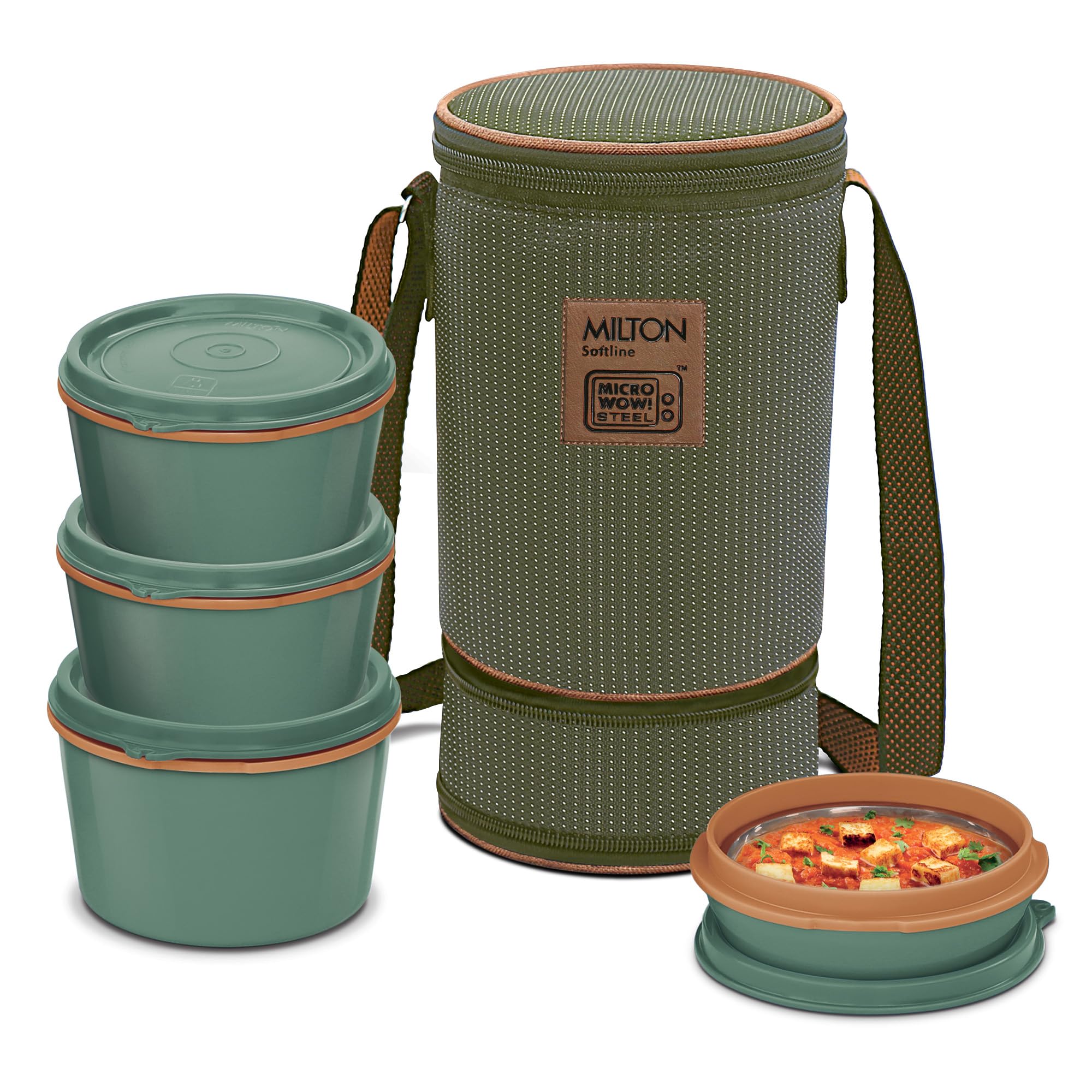 Milton Flexi 3+1 Inner Stainless Steel Lunch Box With Jacket, Set Of 4, (180 Ml, 320 Ml, 320 Ml, 450 Ml), Green | Microwaveable 