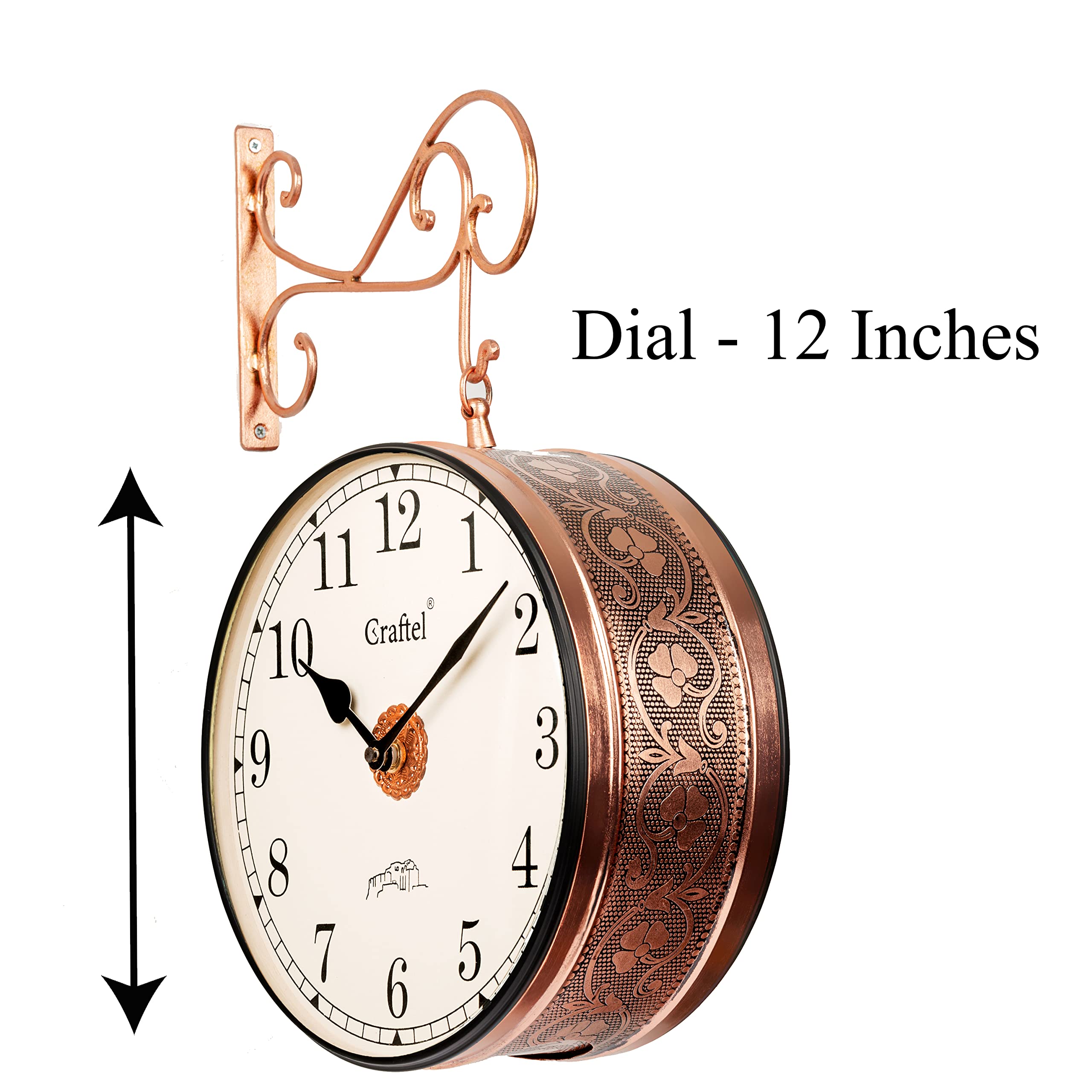 CRAFTEL Metal Analog Double Sided Vintage Station Wall Clock with Brass in Dial (Rose Gold_12 Inches)