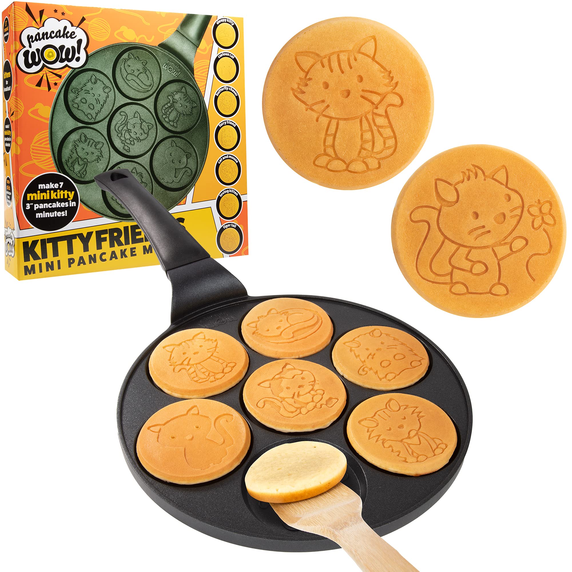 Kitty Friends Mini Pancake Pan - Make 7 Unique Flapjack Cat Designs, Nonstick Pan Cake Maker Griddle For Breakfast Kitten Fun &