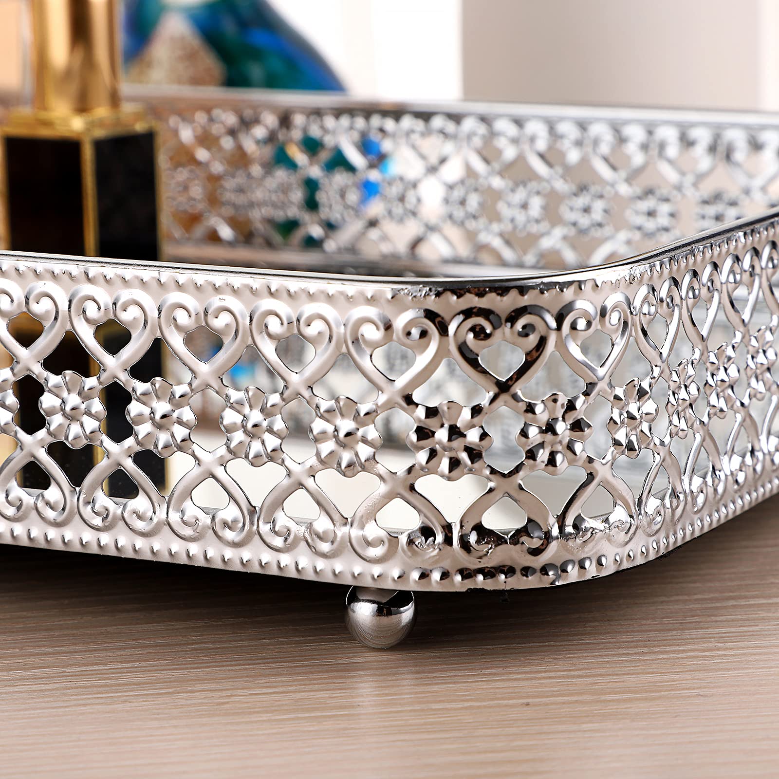 Elldoo Perfume Tray Mirror Tray Vanity Makeup Hollow-Carved Jewelry Tray Glass Metal Trinket Storage Tray Home Decor Organizer T