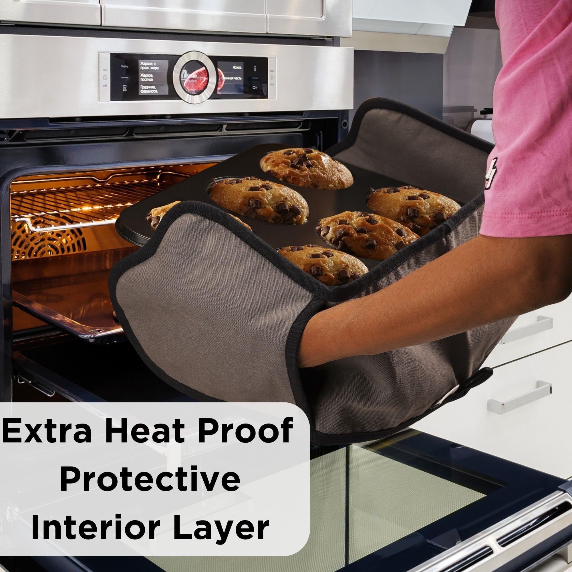 Muldale Professional Grey Double Oven Mitts Attached - Heavy Duty Oven Mitts Connected - Pot Holders Gloves With Terry Towelling