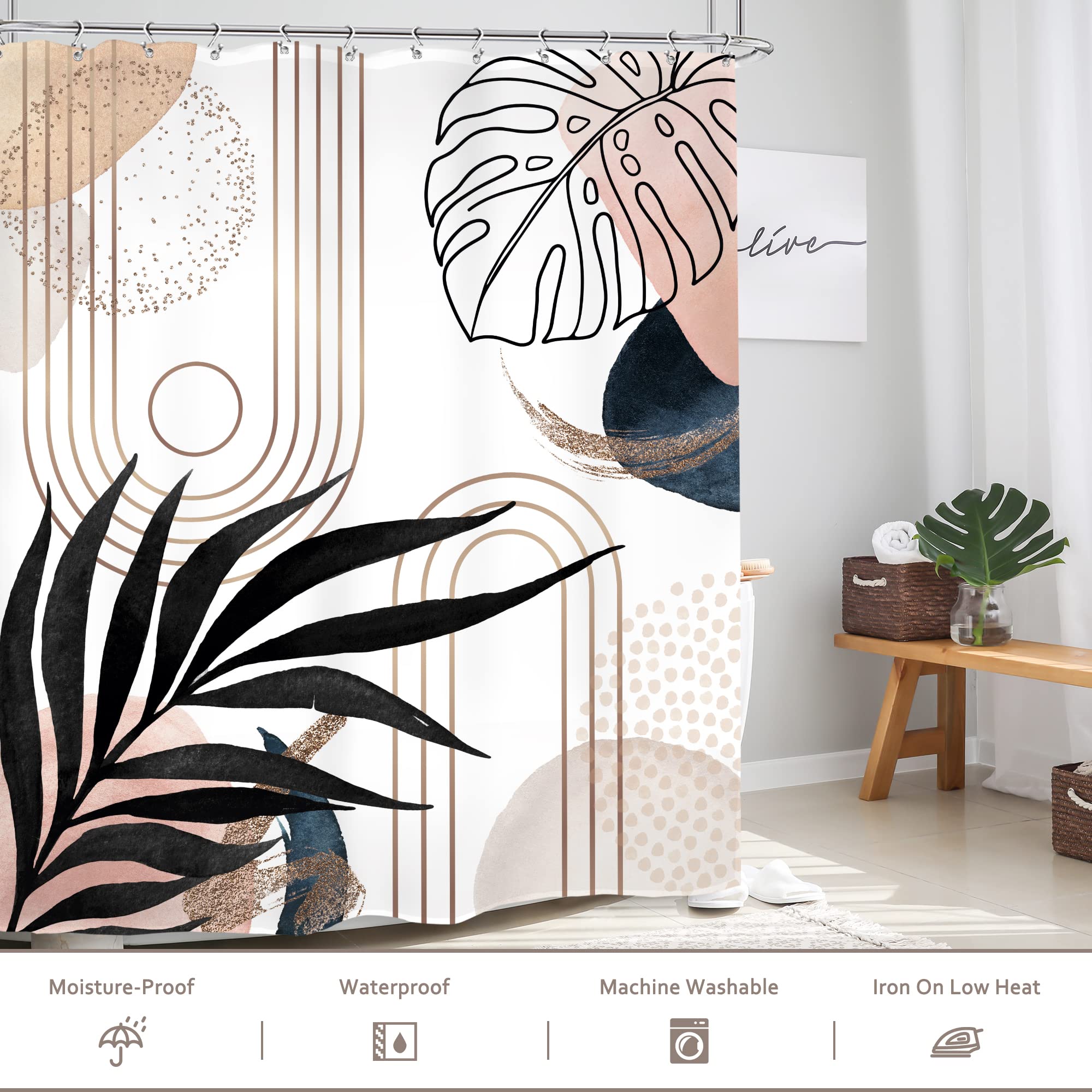 Glawry Abstract Mid Century Shower Curtain 60Wx72L Inches Modern Boho Botanical Geometric Navy Pink Minimalist Bathroom Watercol