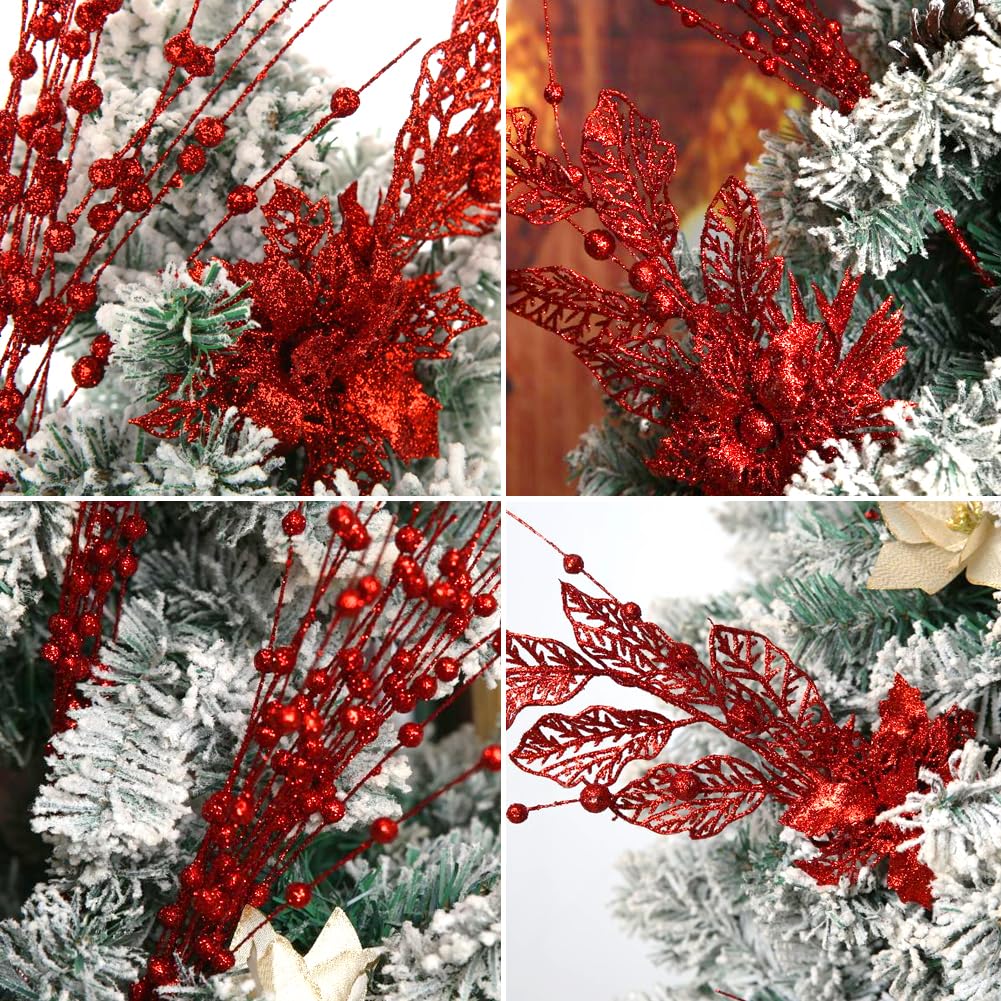 ROSELEAF 28 Pack Red Christmas Tree Ornaments, Artificial Glitter Berry Flowers Stem Branches Picks for Xmas Tree Decoration Gif