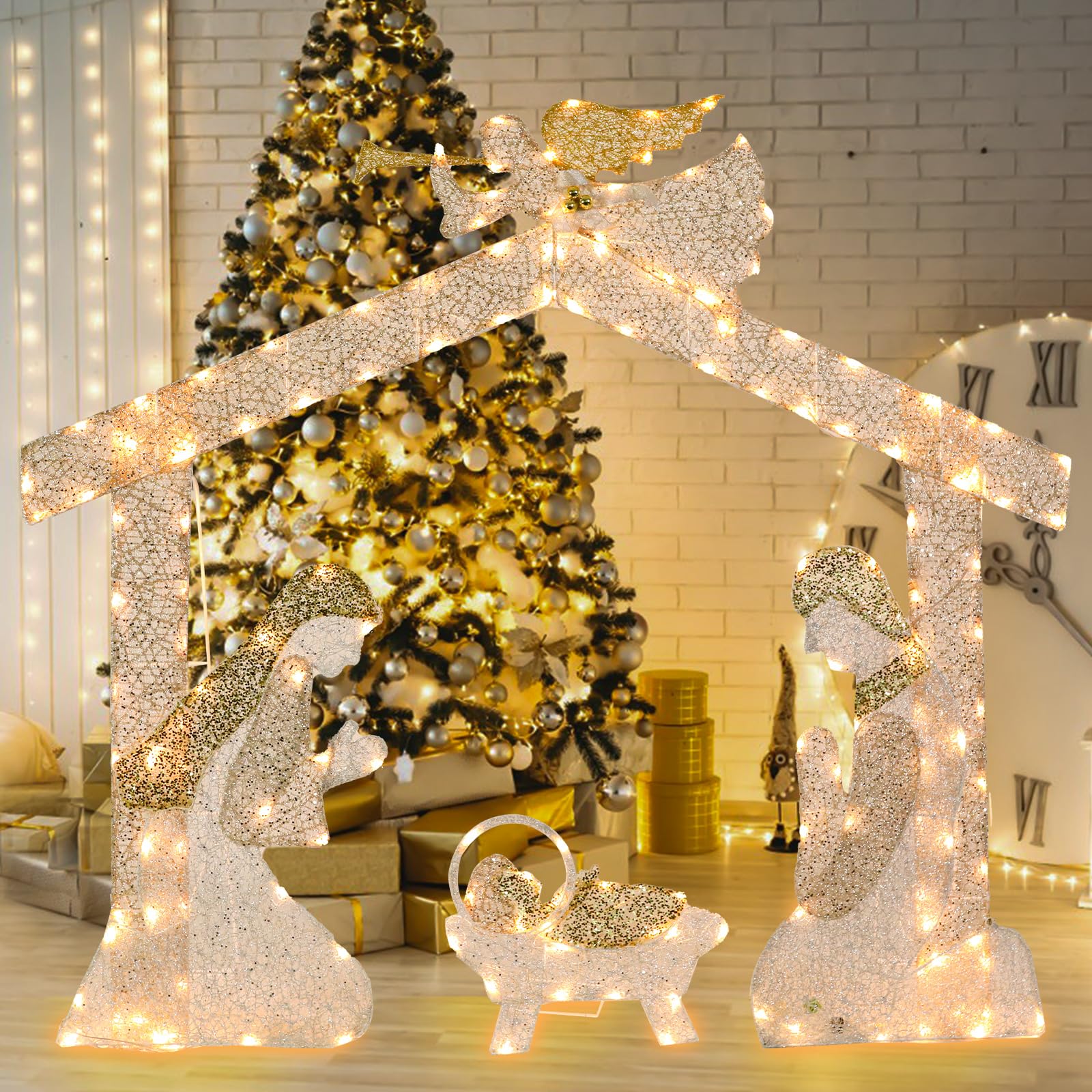 Outdoor Christmas Nativity Scene Decoration Christmas Lighted Holy Family Nativity Scene with Angel Decoration for Xmas Home Pat