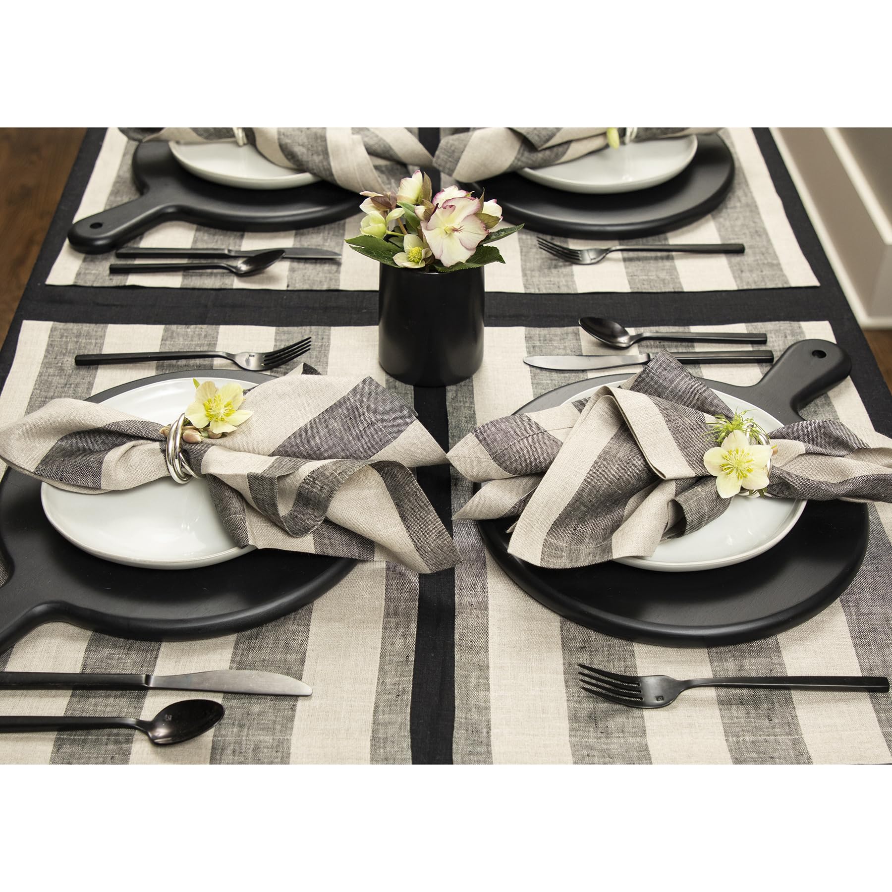 Solino Home Cabana Stripe Linen Placemats Set Of 4 - 100% Pure Linen Black And Natural Placemats 19 '' L X 14 '' W Inch - Machin