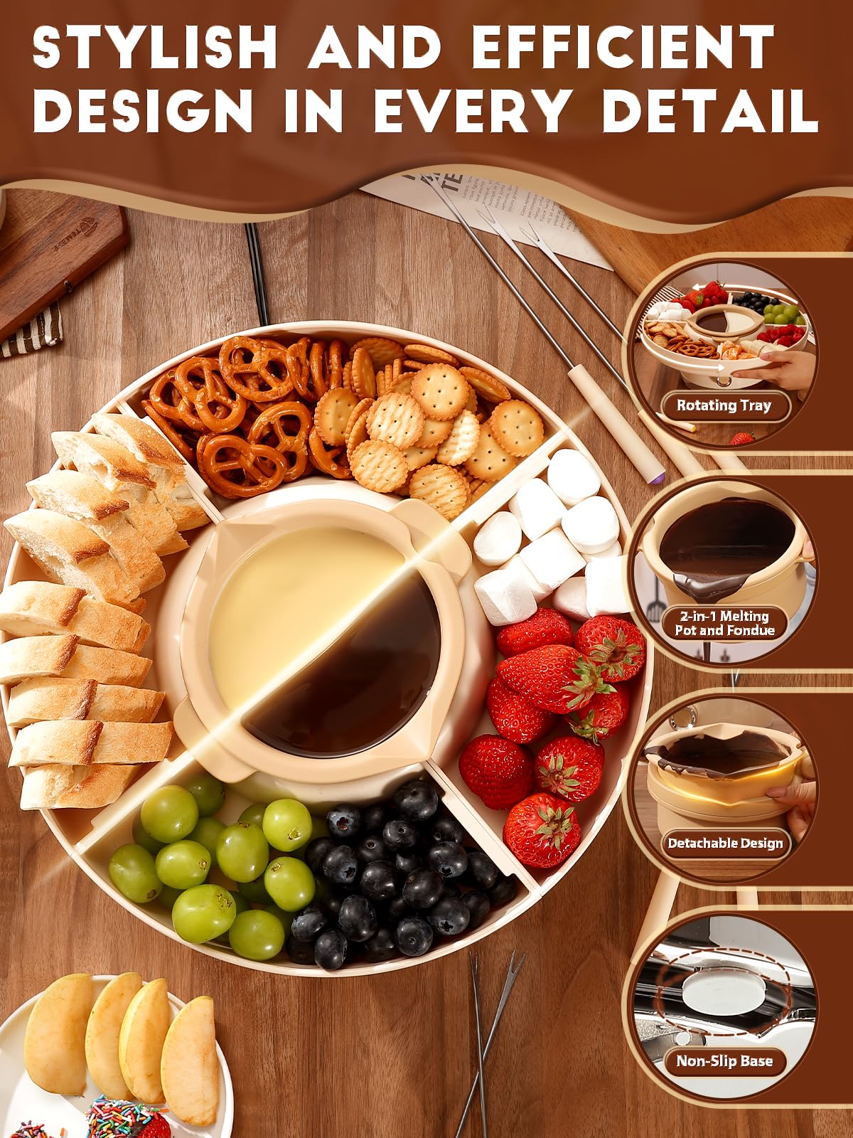 LUSHYUM Chocolate Fondue Pot Set Electric Melting Machine, 4-Cup Capacity 4 Trays 5 Forks 1 Spatula Cheese Warmer, Ideal Gift fo