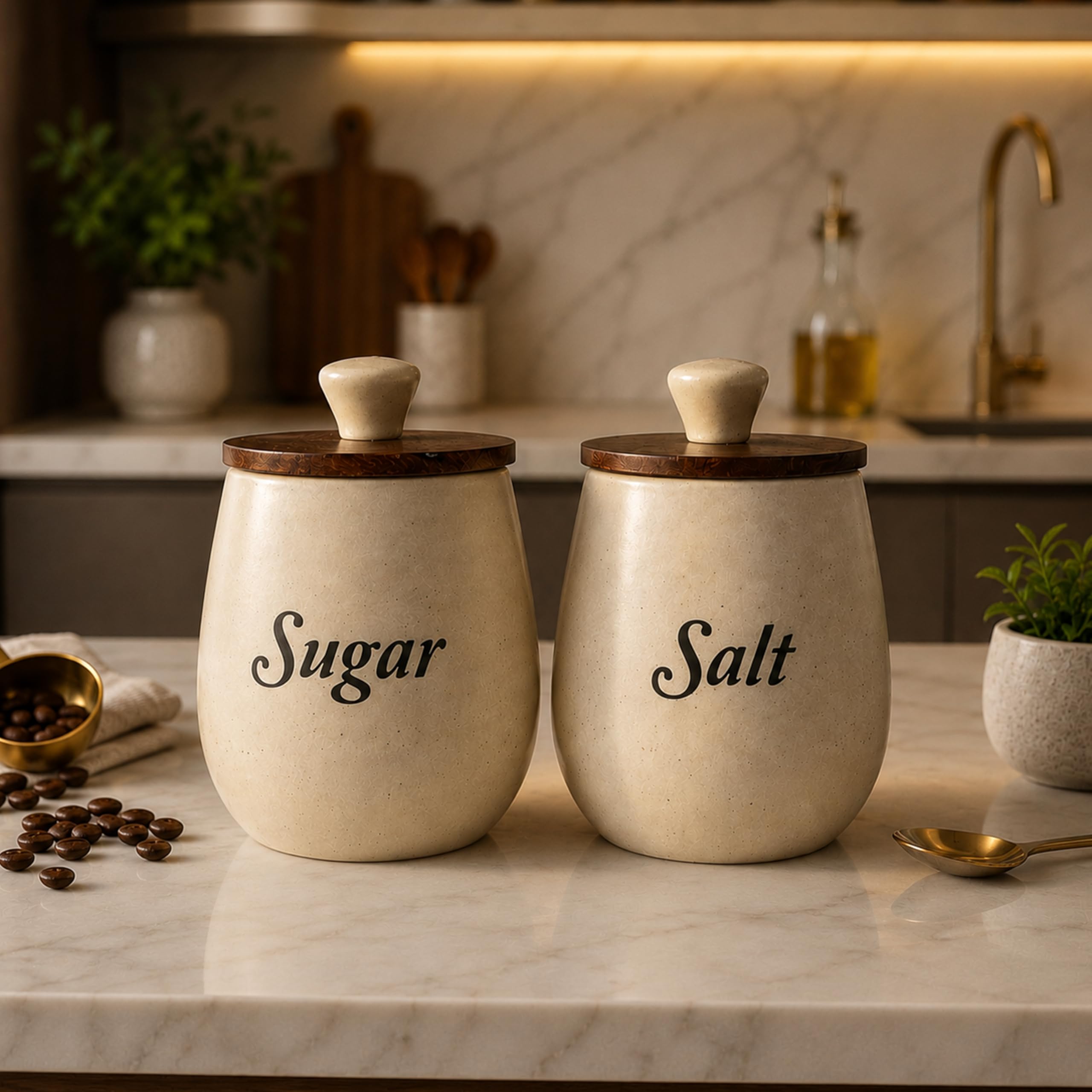 Craftshila Ceramic Sugar Salt Containers Set Of 2 With Wooden Lids | Jar & Container For Kitchen Storage Set | Multi Utility Air